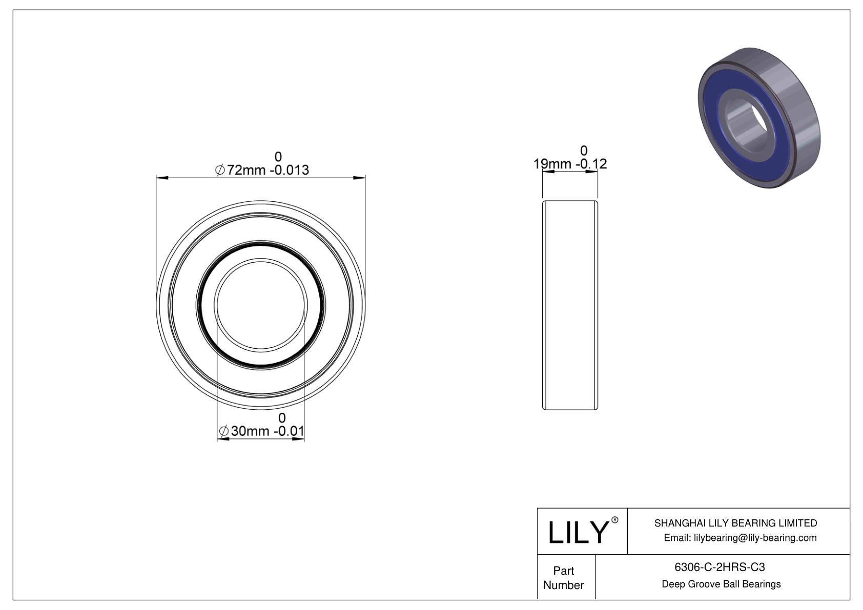 6306-C-2HRS-C3 Rodamiento general de bolas de ranura profunda cad drawing