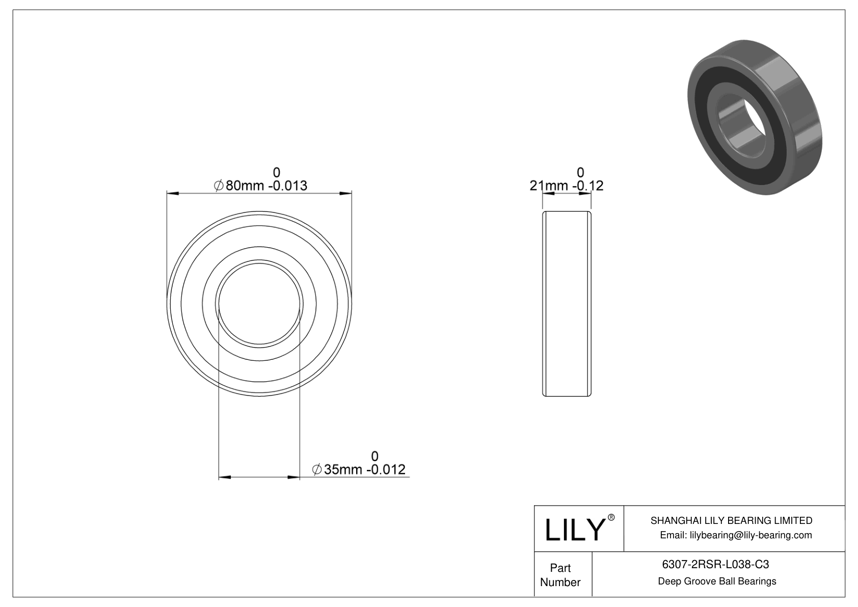 6307-2RSR-L038-C3 General Deep Groove Ball Bearing cad drawing