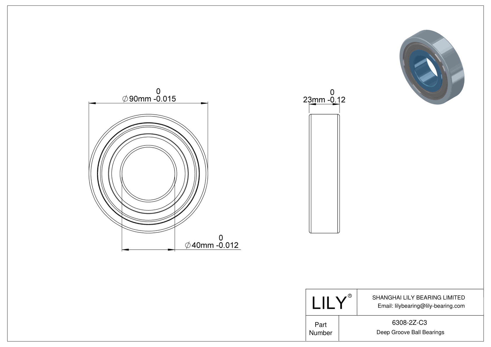 6308-2Z-C3 General Deep Groove Ball Bearing cad drawing