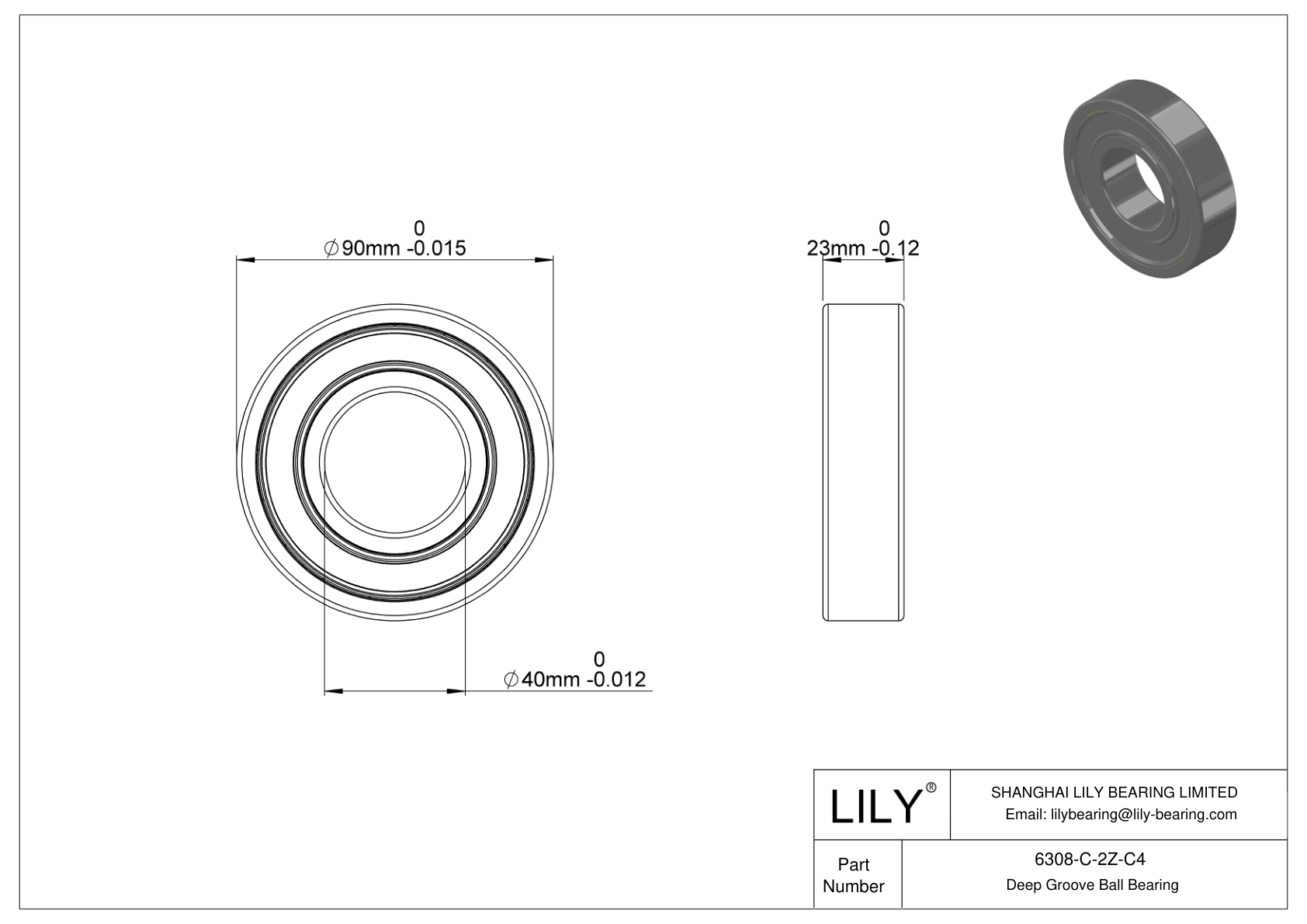 6308-C-2Z-C4 General Deep Groove Ball Bearing cad drawing