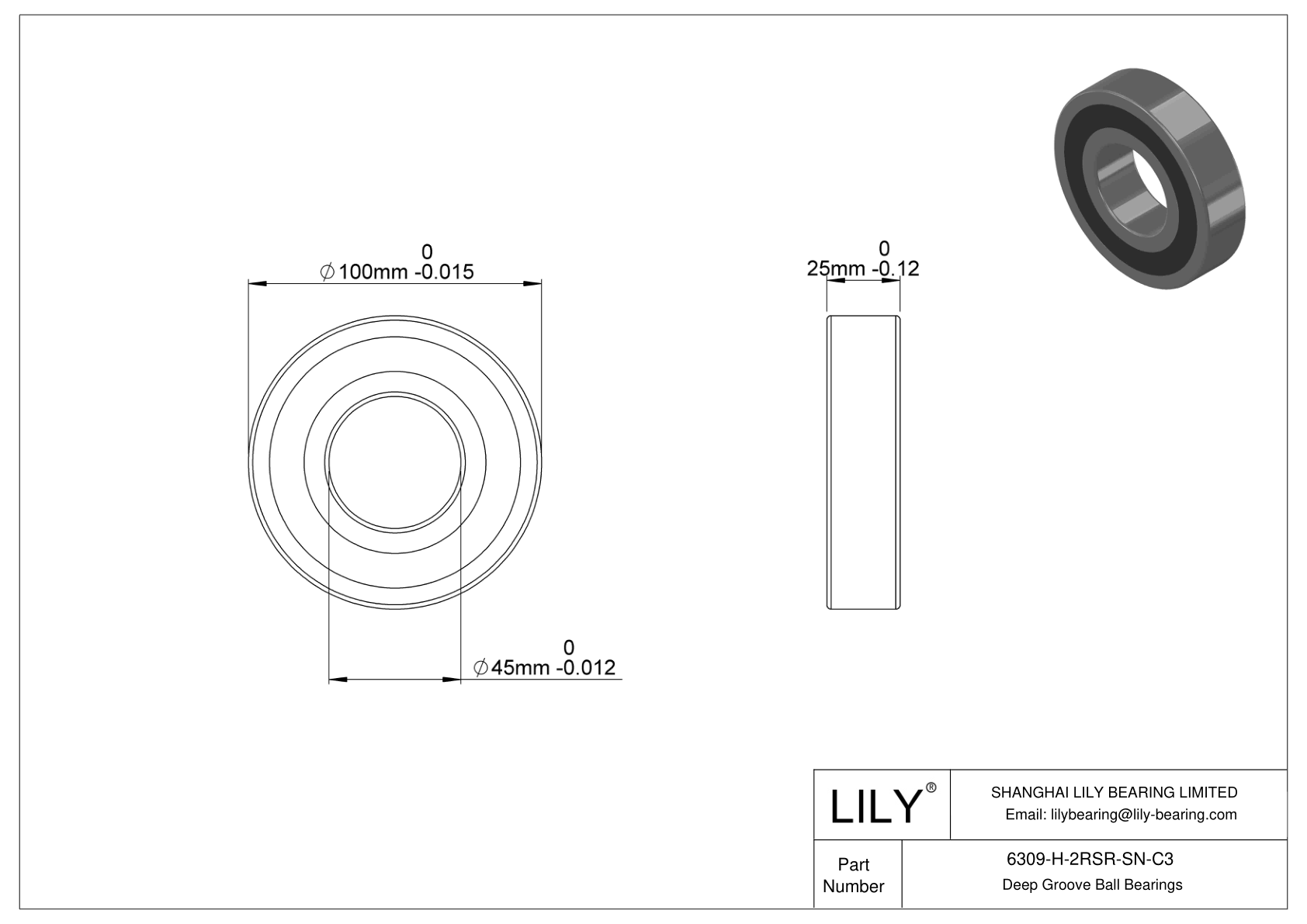 6309-H-2RSR-SN-C3 Rodamiento general de bolas de ranura profunda cad drawing