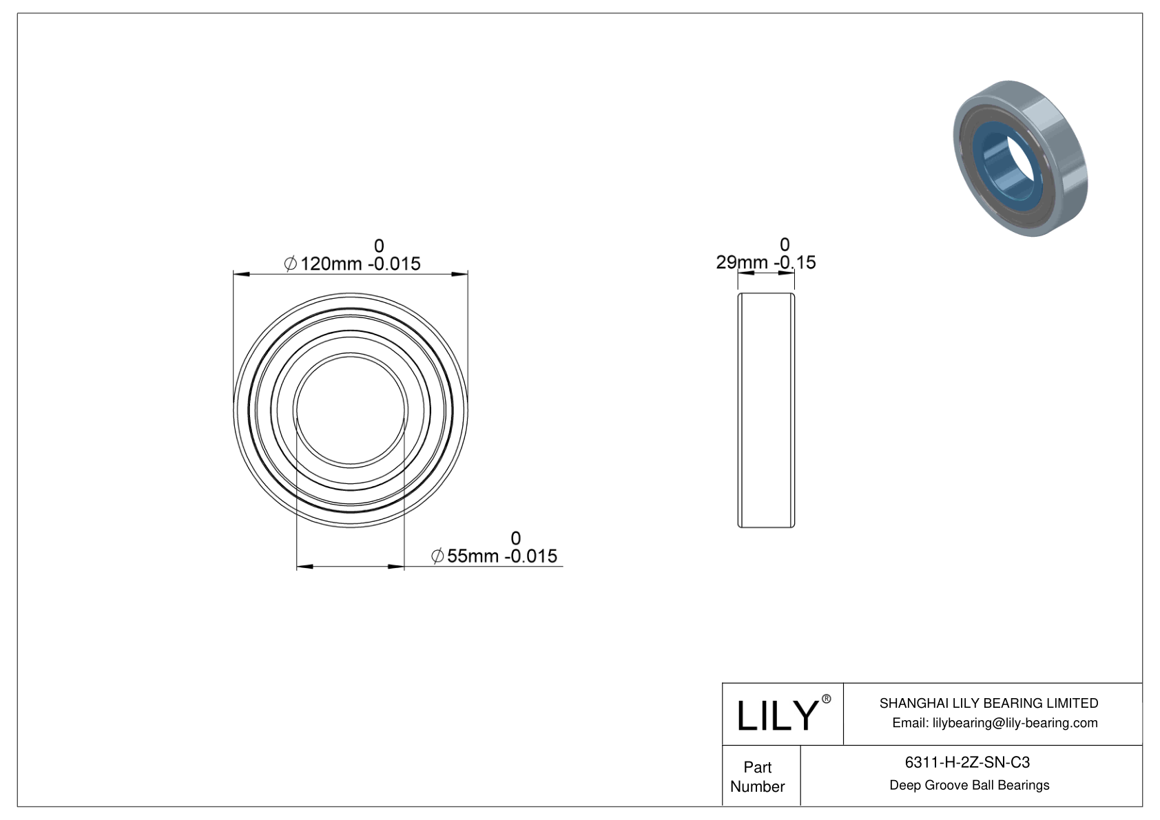 6311-H-2Z-SN-C3 Rodamiento general de bolas de ranura profunda cad drawing