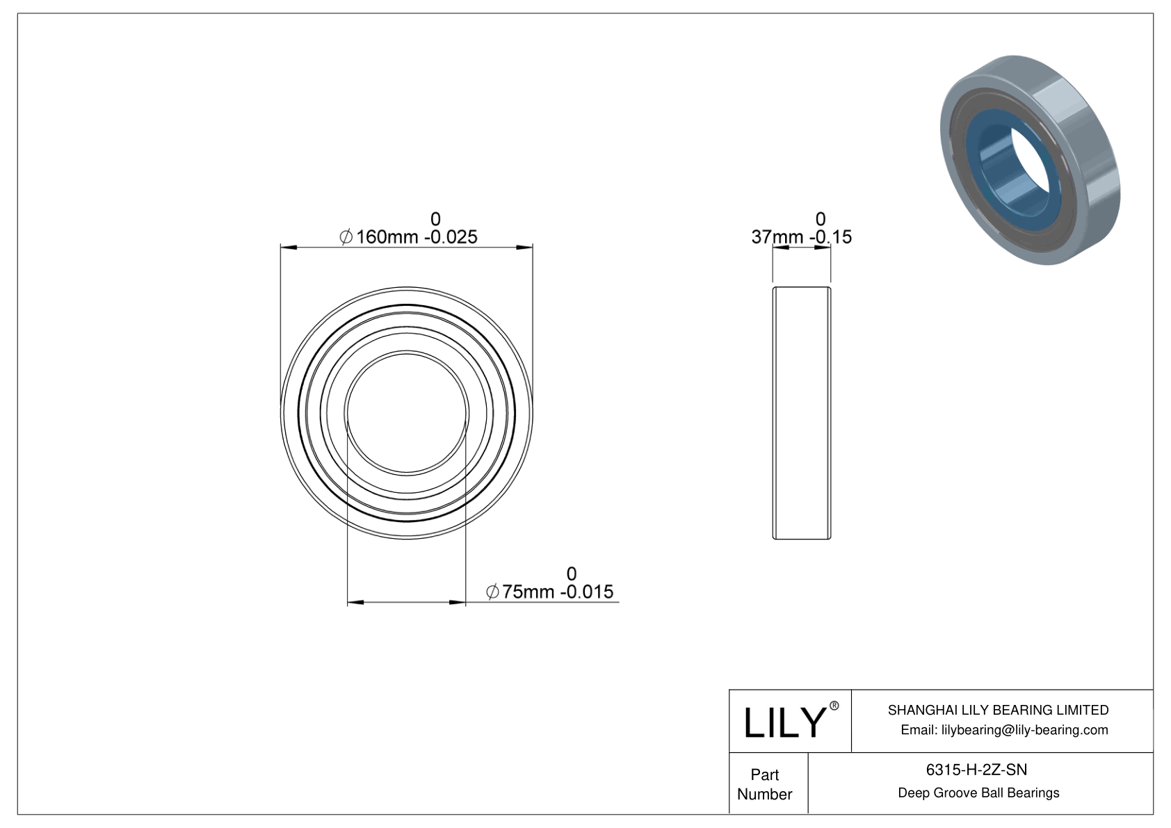 6315-H-2Z-SN General Deep Groove Ball Bearing cad drawing