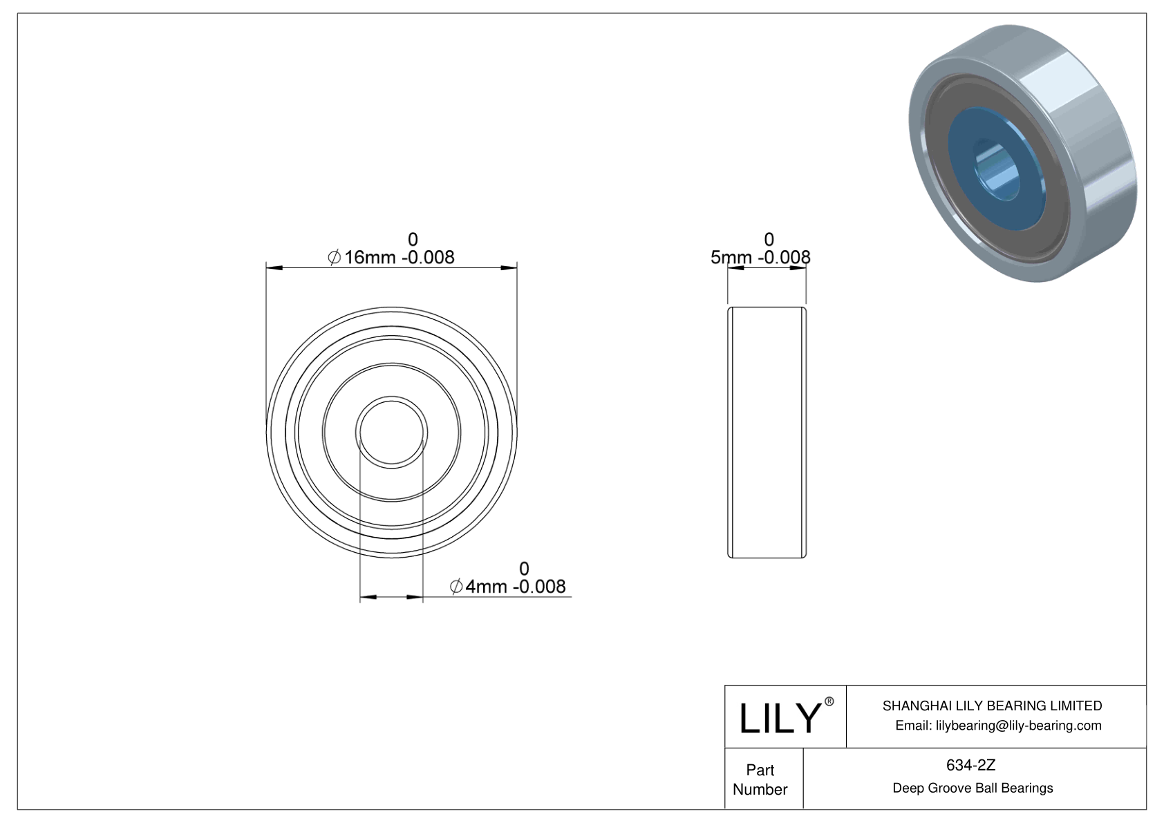 634-2Z General Deep Groove Ball Bearing cad drawing