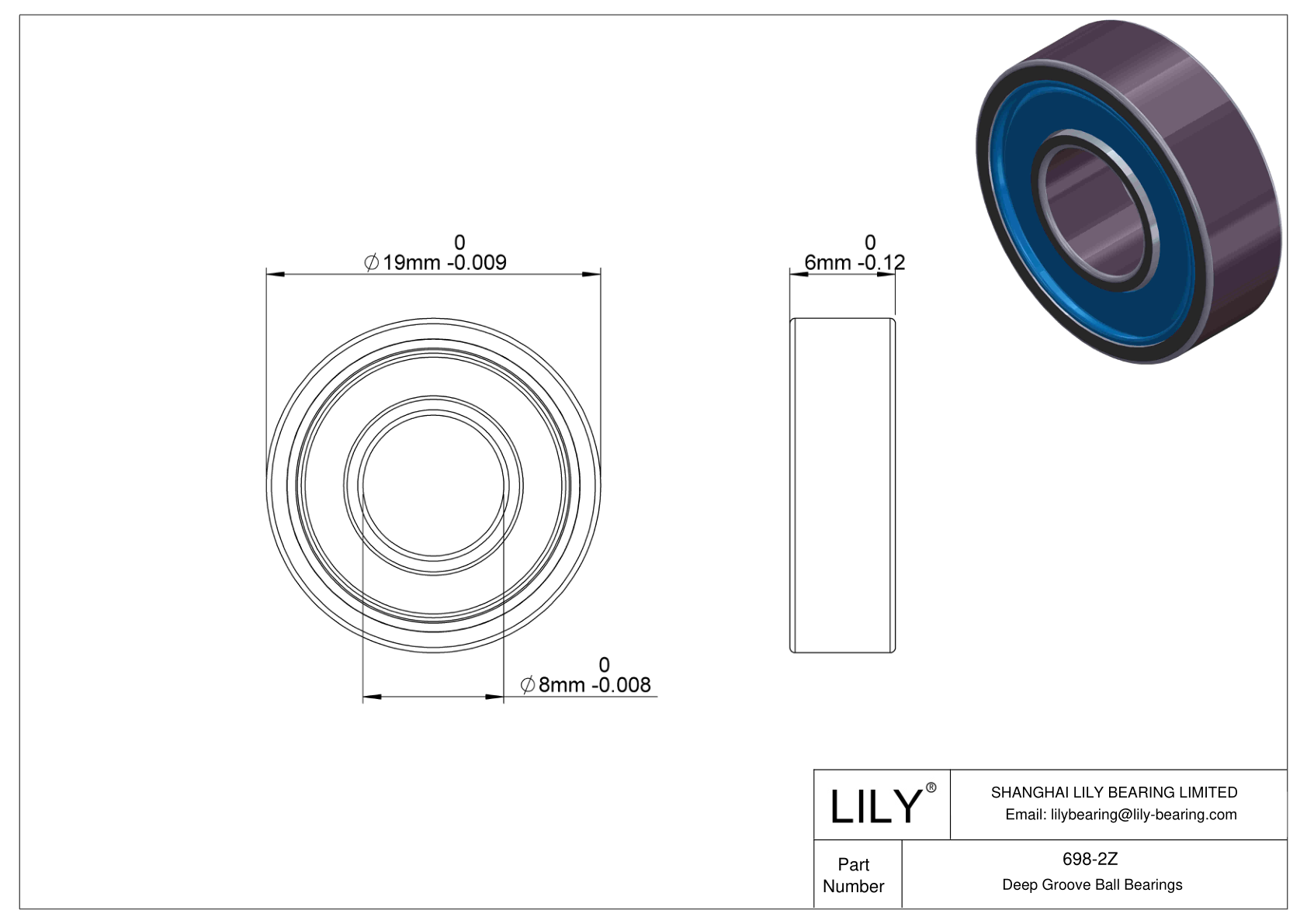 698-2Z General Deep Groove Ball Bearing cad drawing