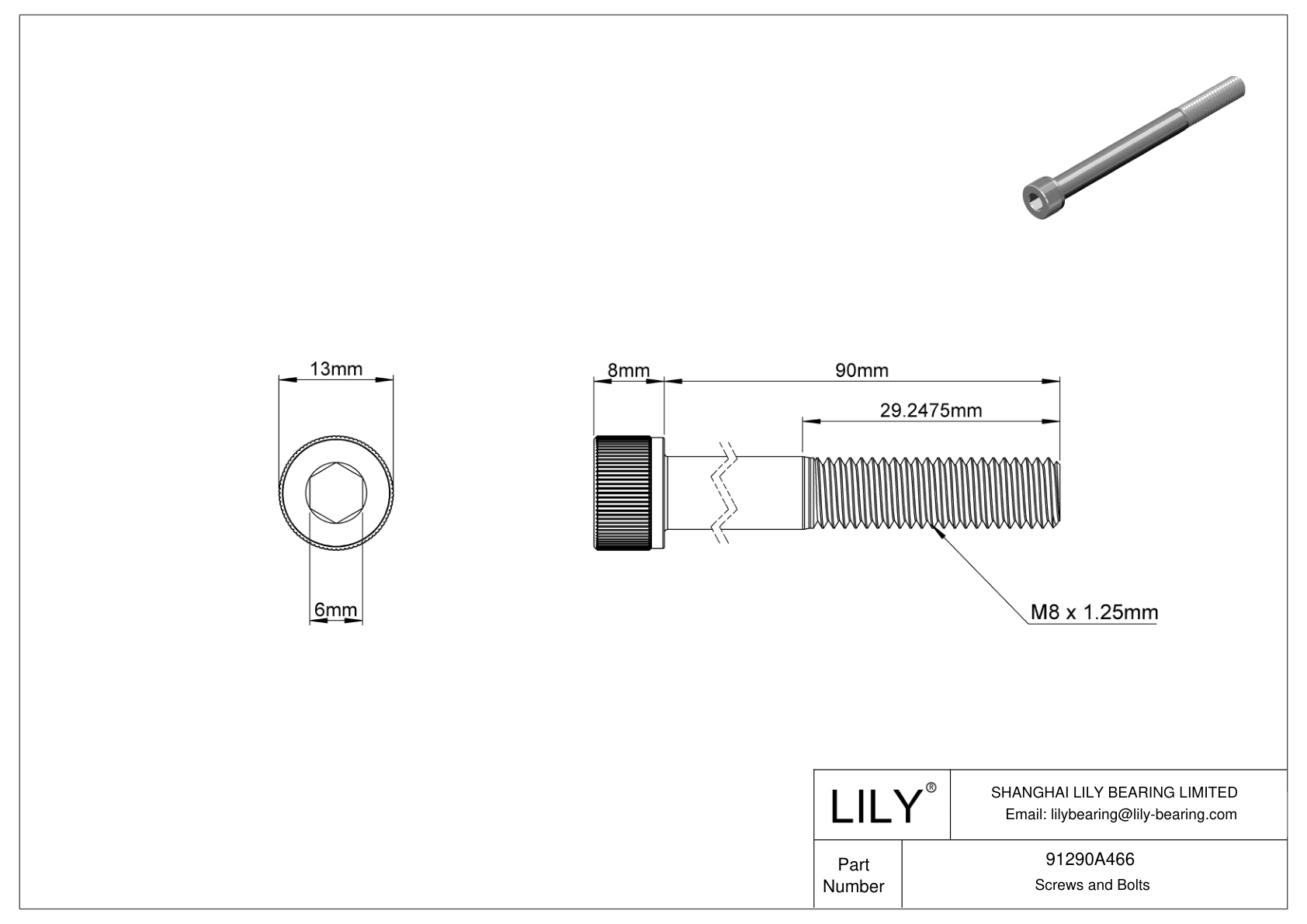 91290A466 Alloy Steel Socket Head Screws Lily Bearing