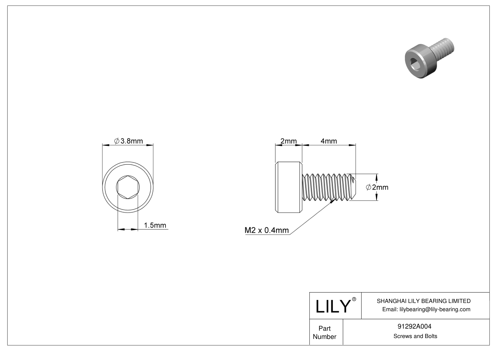 91292A004 | 18-8 Stainless Steel Socket Head Screws | Lily Bearing
