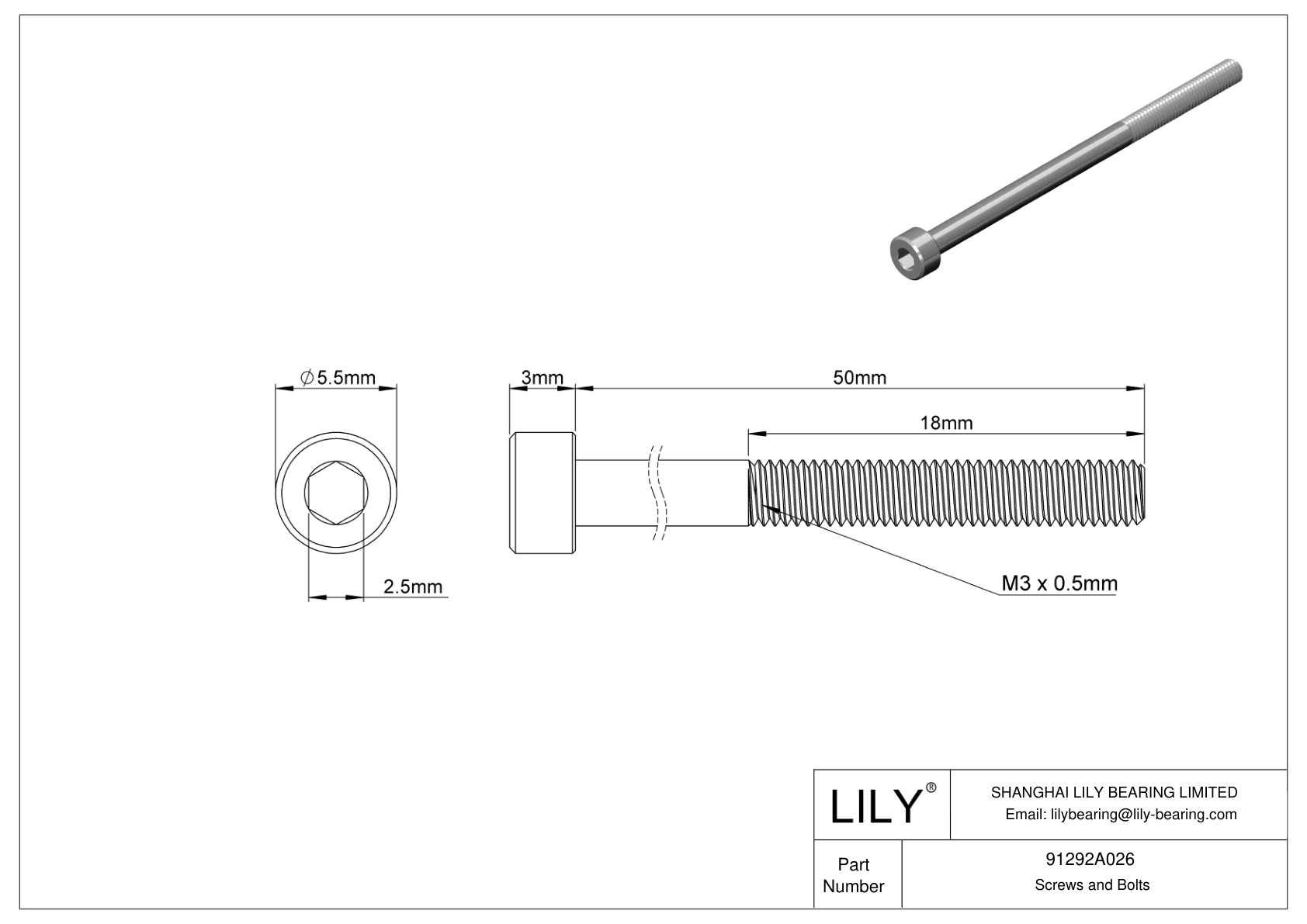 91292A026 | 18-8 Stainless Steel Socket Head Screws | Lily Bearing