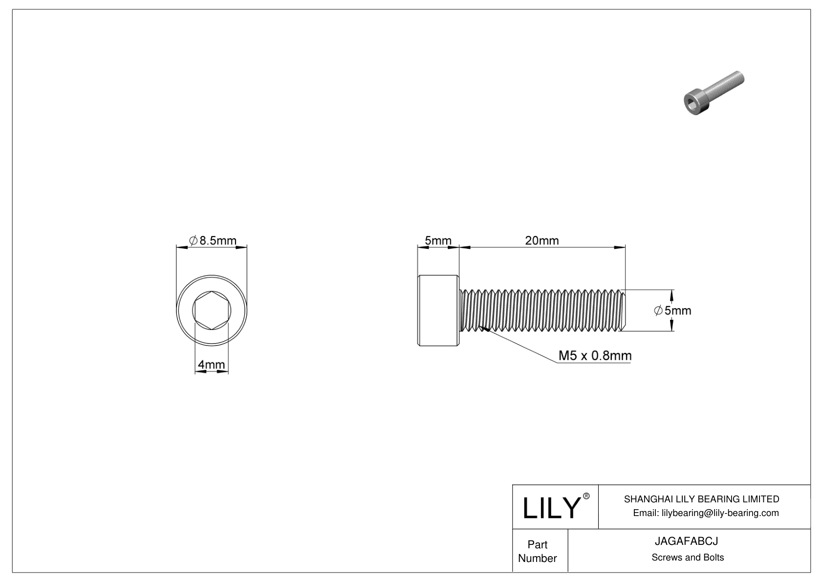 JAGAFABCJ Left-Hand Threaded Alloy Steel Socket Head Screws cad drawing