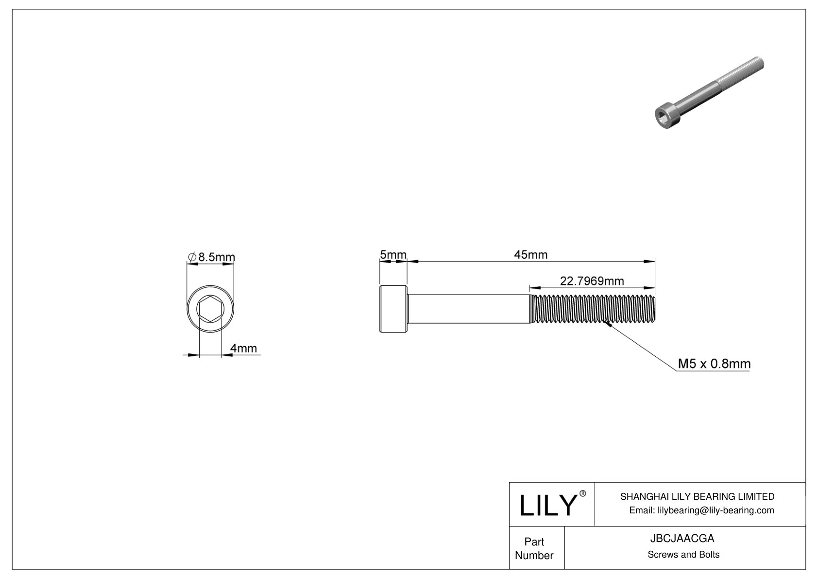 JBCJAACGA Alloy Steel Socket Head Screws cad drawing