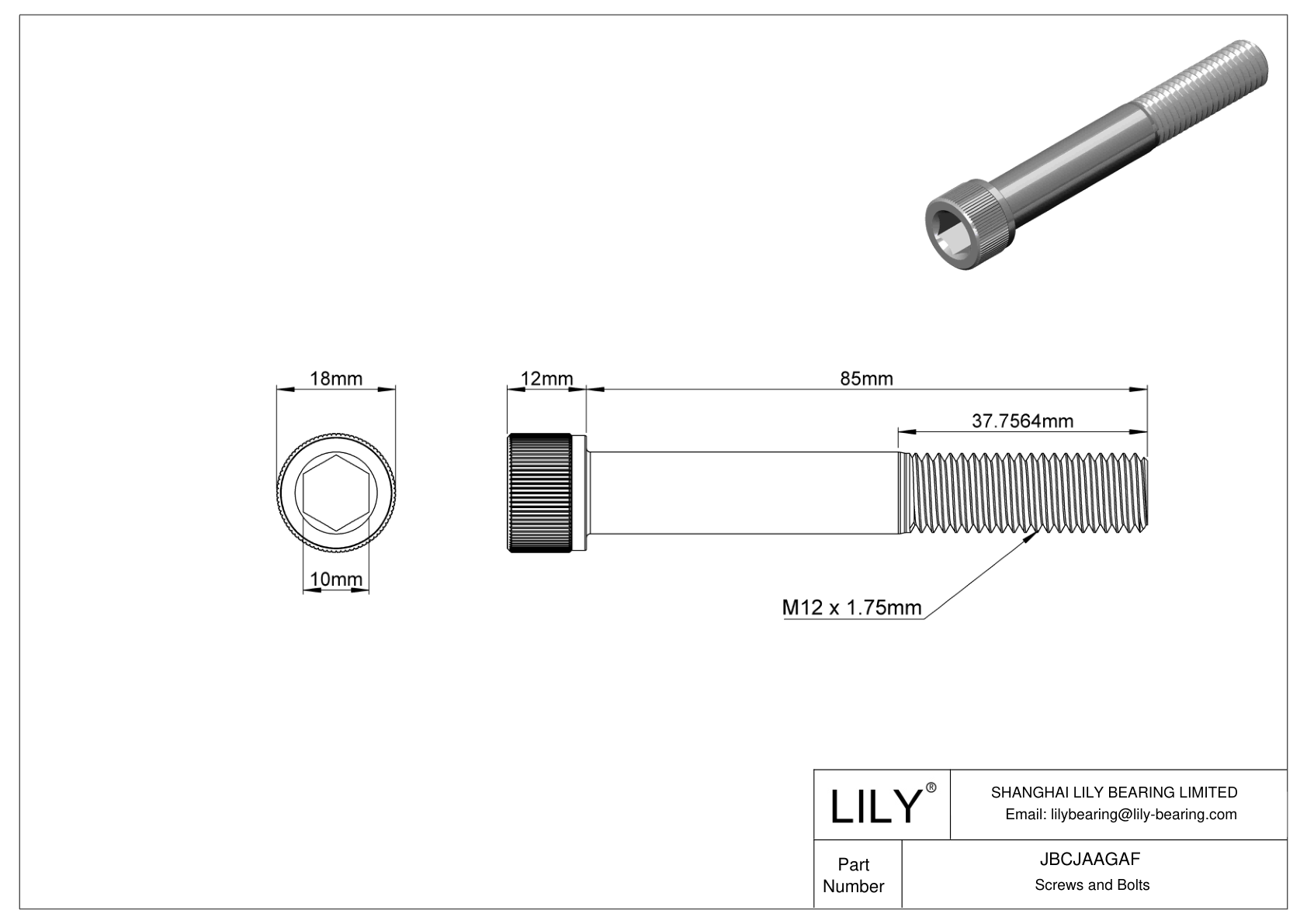 JBCJAAGAF Alloy Steel Socket Head Screws cad drawing