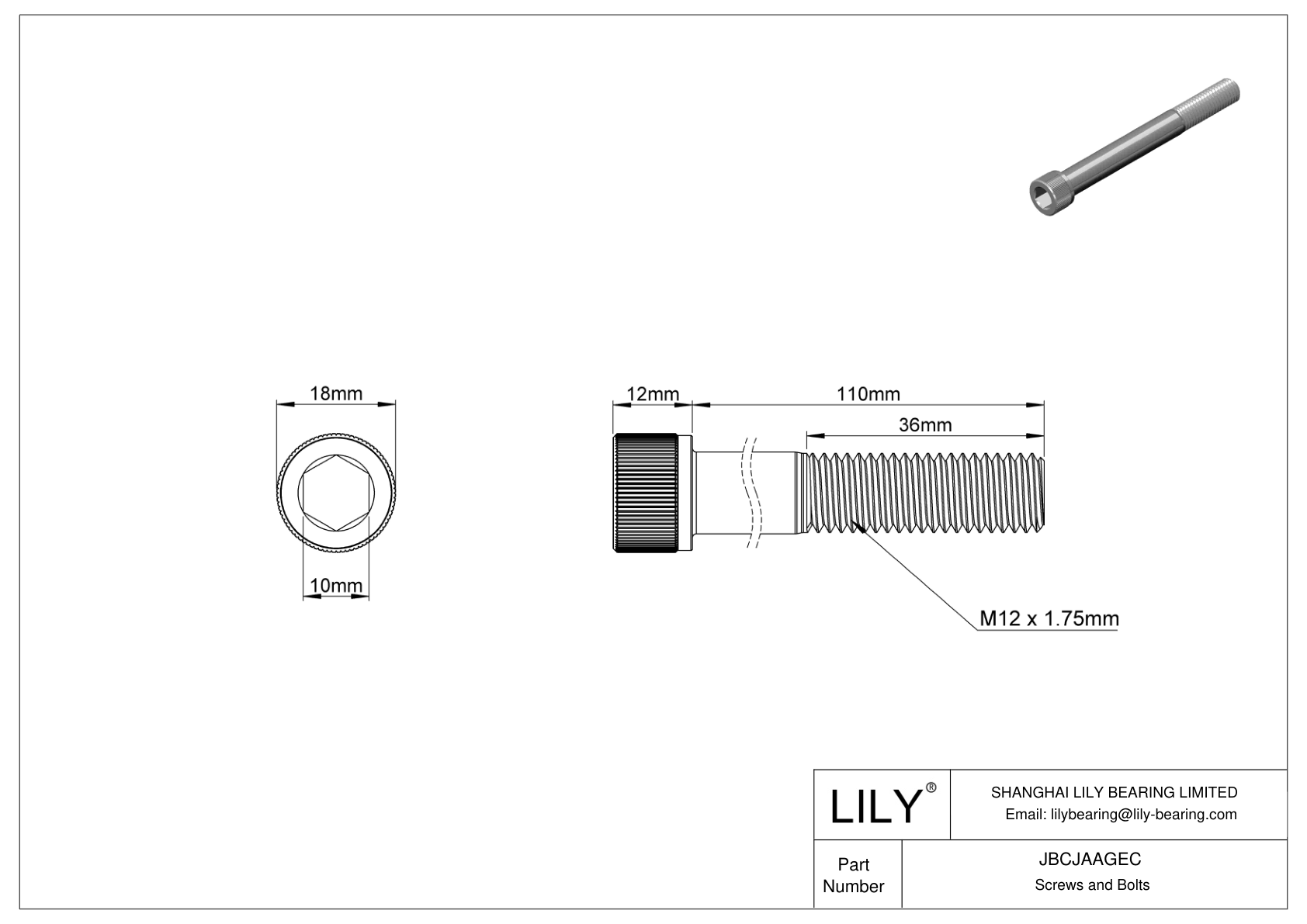 JBCJAAGEC Alloy Steel Socket Head Screws cad drawing