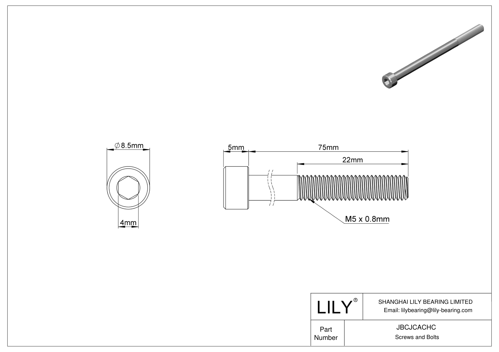 JBCJCACHC Tornillos de cabeza cilíndrica de acero inoxidable 18-8 cad drawing