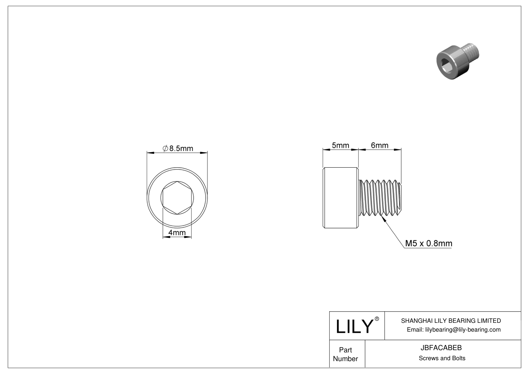 JBFACABEB Alloy Steel Socket Head Screws cad drawing