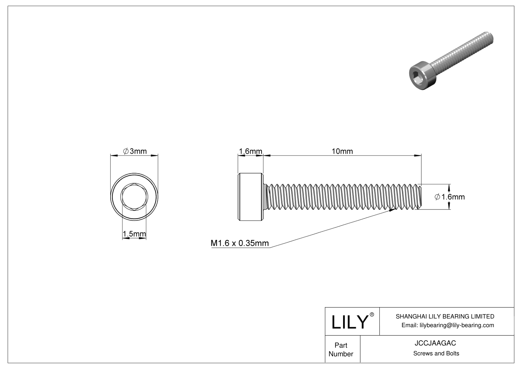 JCCJAAGAC Super-Corrosion-Resistant 316 Stainless Steel Socket Head Screws cad drawing