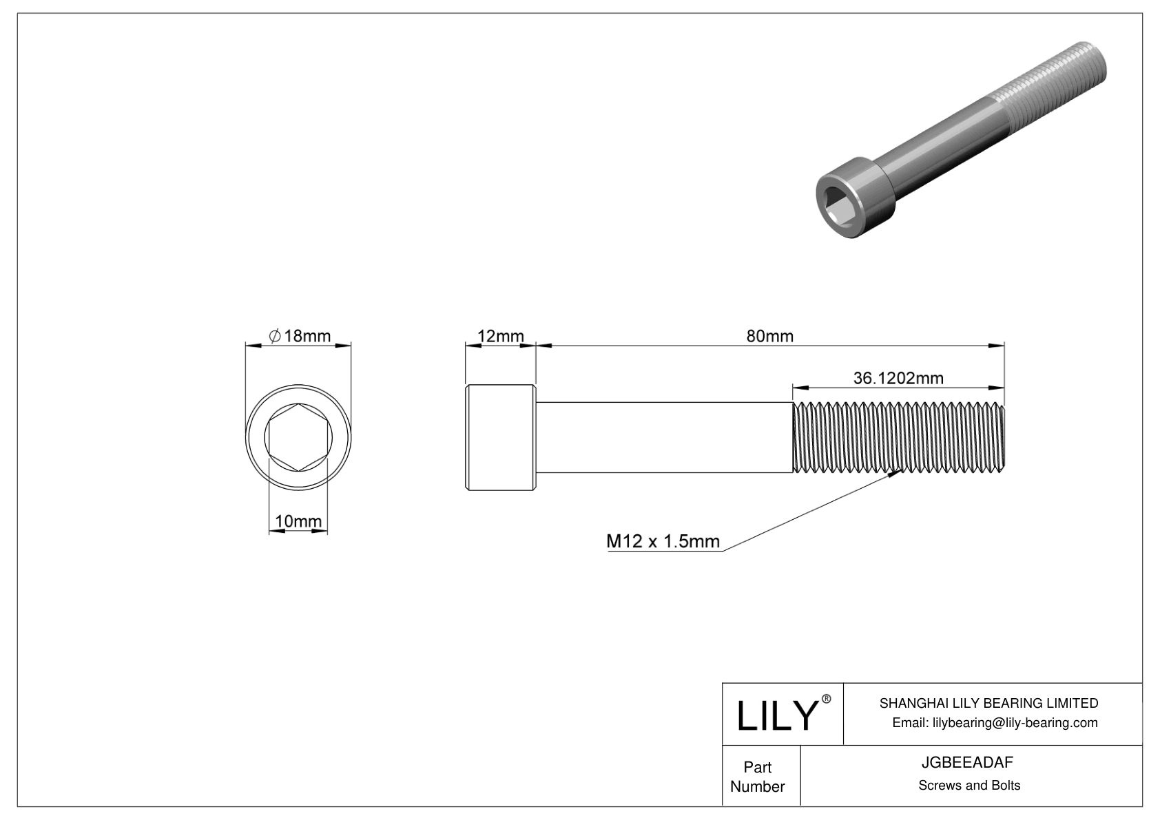 JGBEEADAF Alloy Steel Socket Head Screws cad drawing