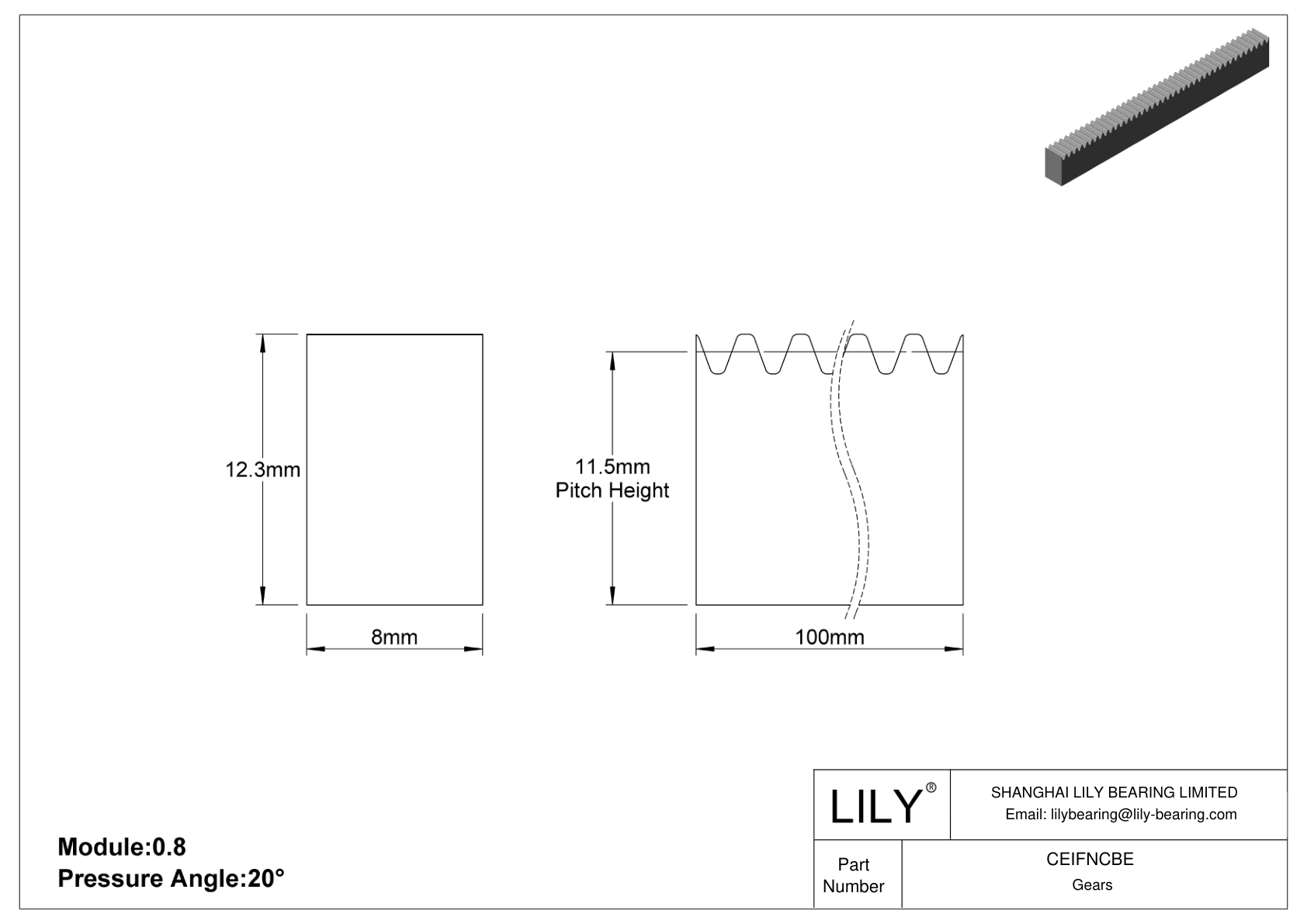 CEIFNCBE Metal Metric Rectangular Gear Racks - 20° Pressure Angle cad drawing