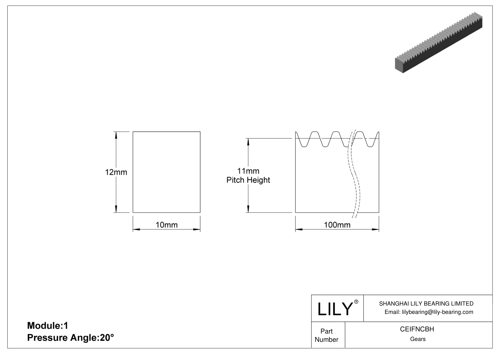 CEIFNCBH Metal Metric Rectangular Gear Racks - 20° Pressure Angle cad drawing