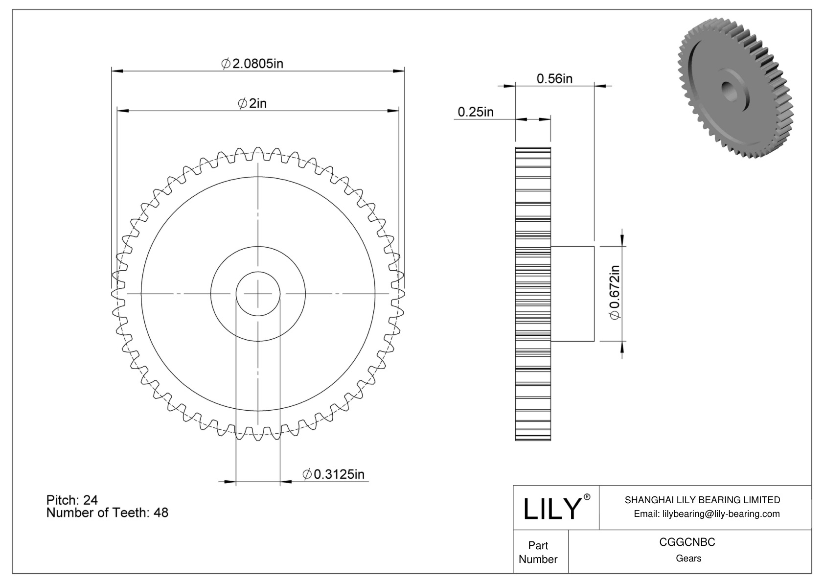 CGGCNBC Plastic Inch Gears - 20° Pressure Angle cad drawing