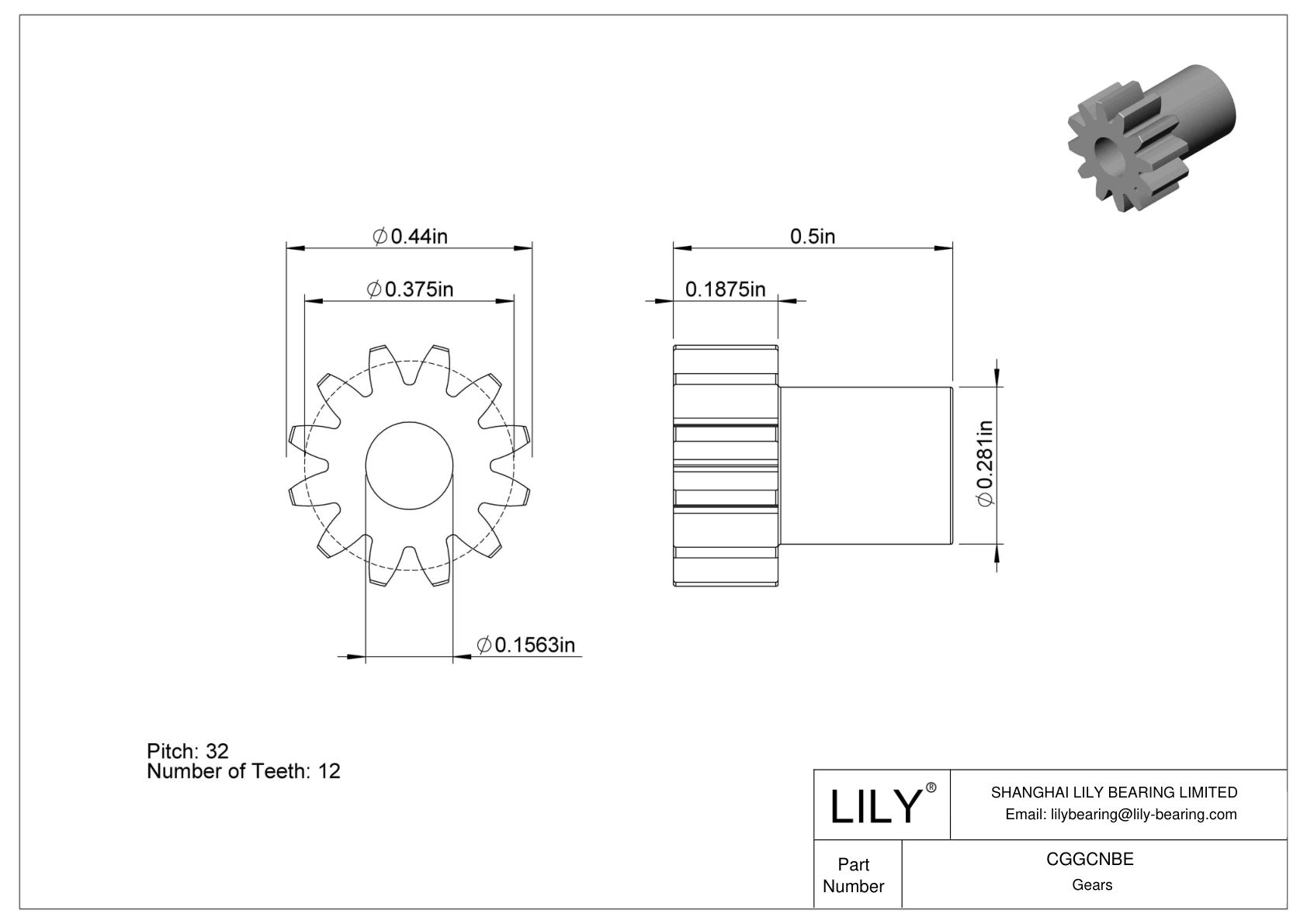 CGGCNBE Plastic Inch Gears - 20° Pressure Angle cad drawing