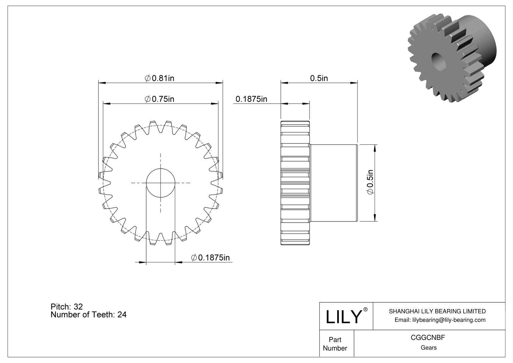 CGGCNBF Plastic Inch Gears - 20° Pressure Angle cad drawing