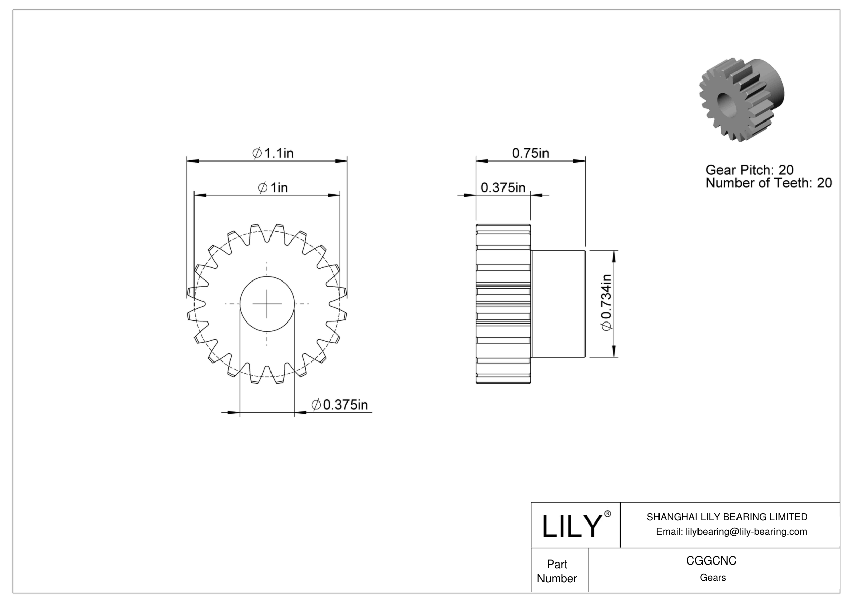 CGGCNC Plastic Inch Gears - 20° Pressure Angle cad drawing