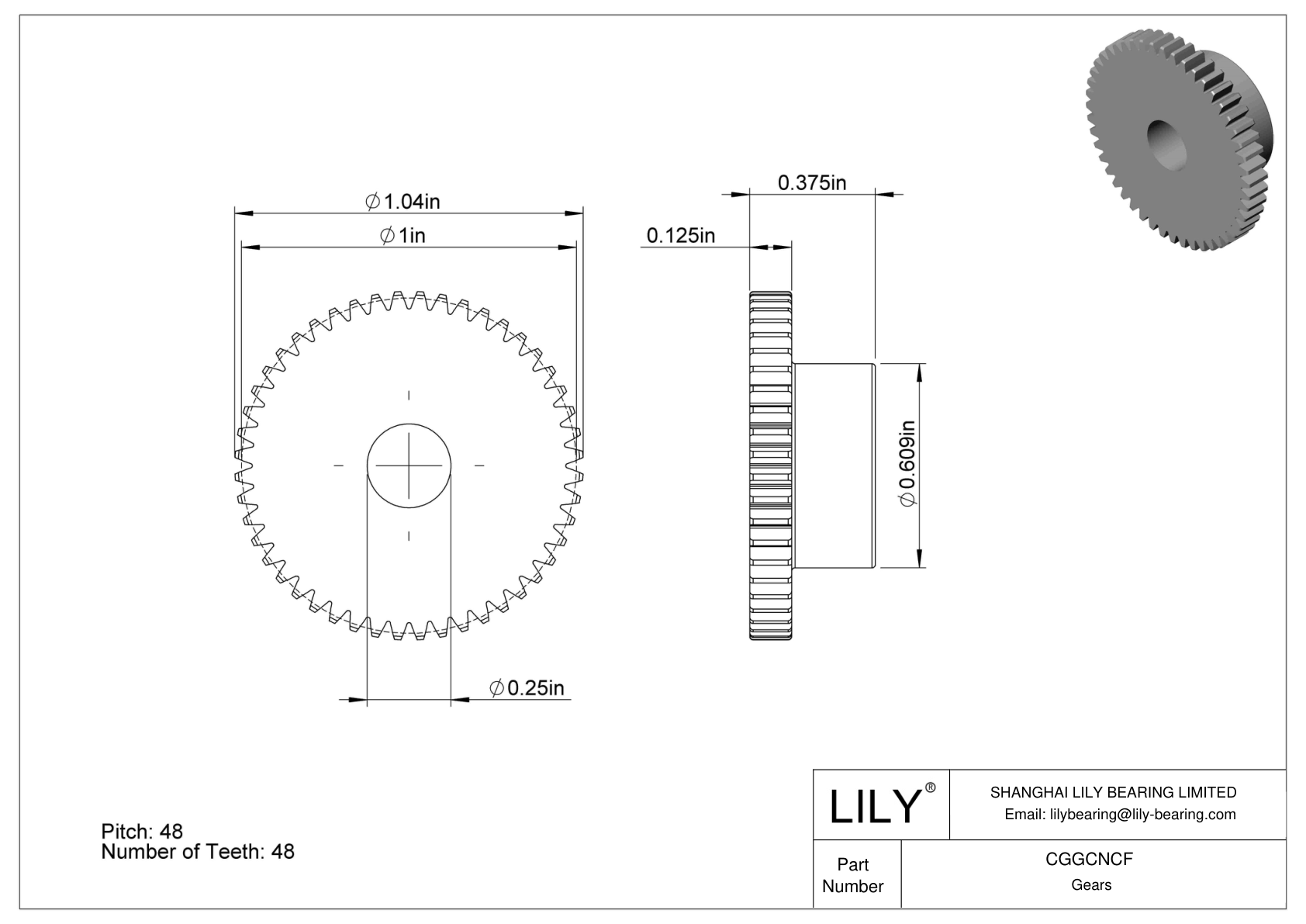 CGGCNCF Plastic Inch Gears - 20° Pressure Angle cad drawing