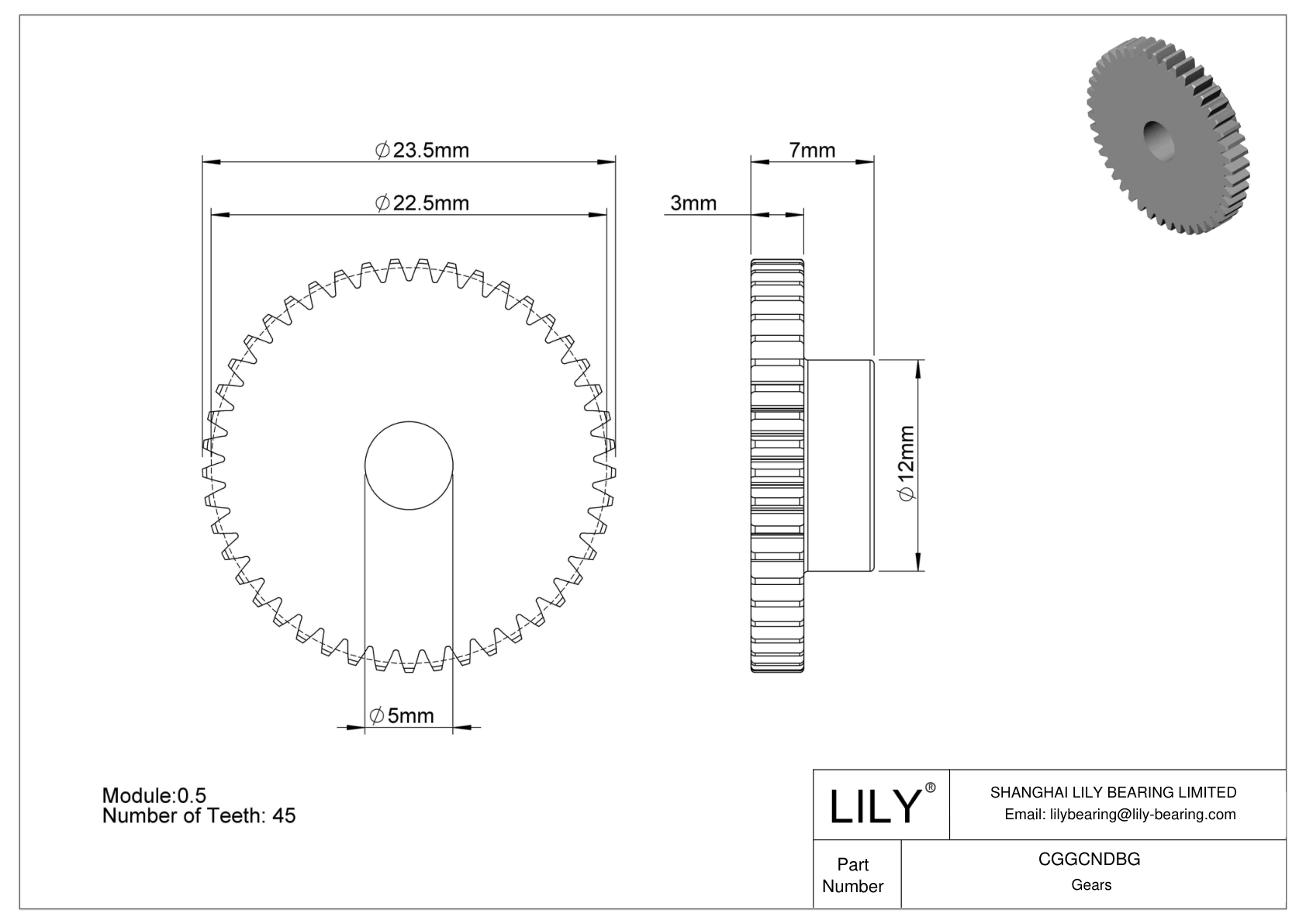 CGGCNDBG Plastic Metric Gears - 20° Pressure Angle cad drawing