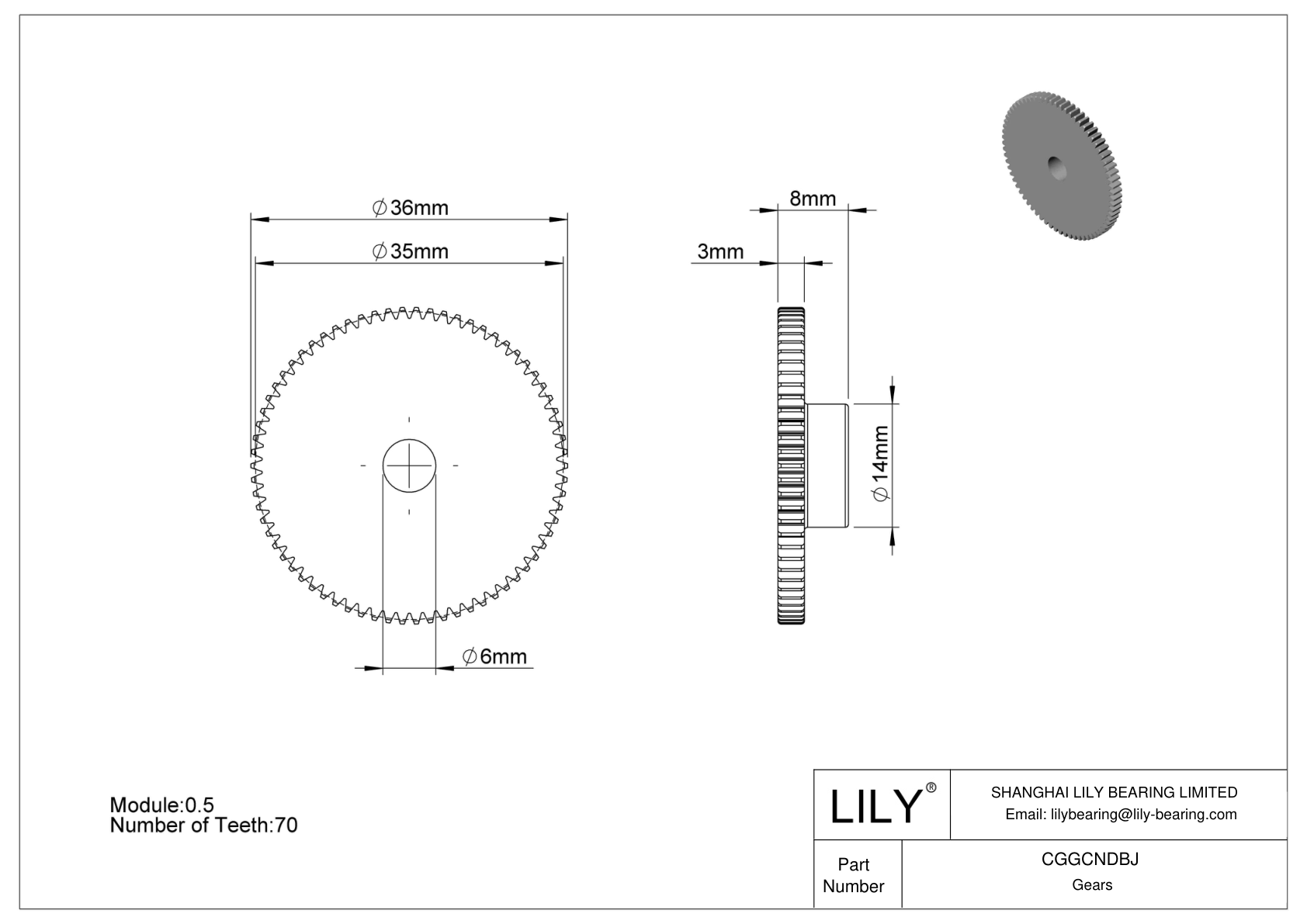 CGGCNDBJ Plastic Metric Gears - 20° Pressure Angle cad drawing