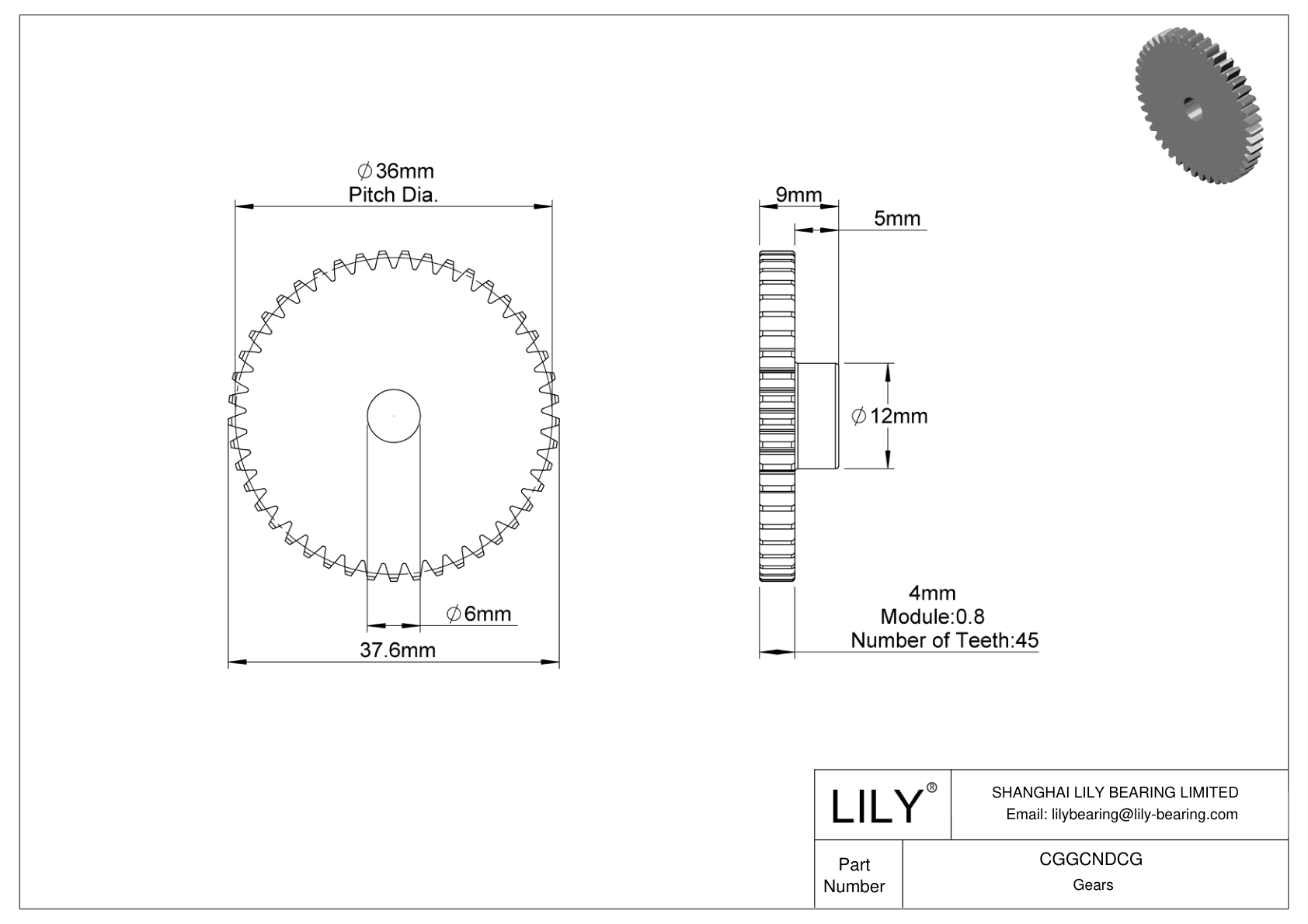 CGGCNDCG Plastic Metric Gears - 20° Pressure Angle cad drawing