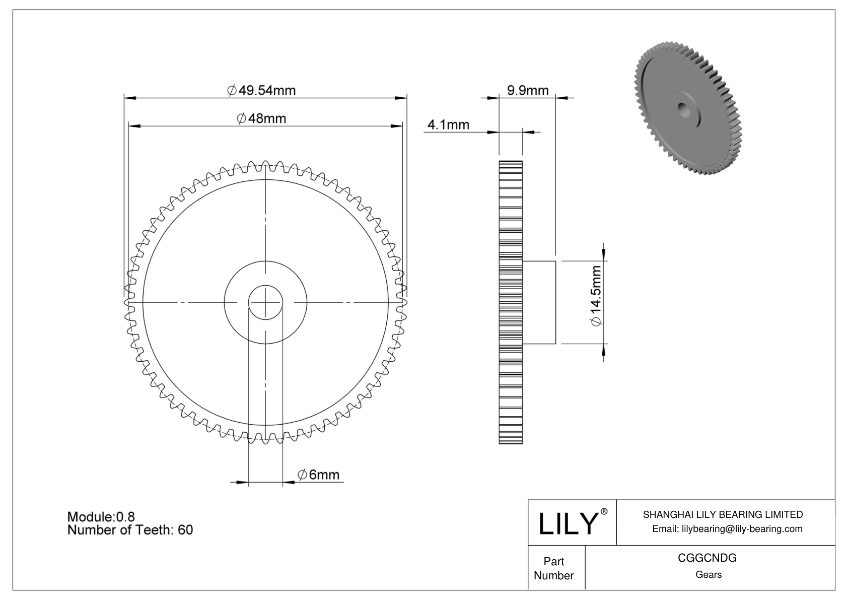 CGGCNDG Plastic Metric Gears - 20° Pressure Angle cad drawing