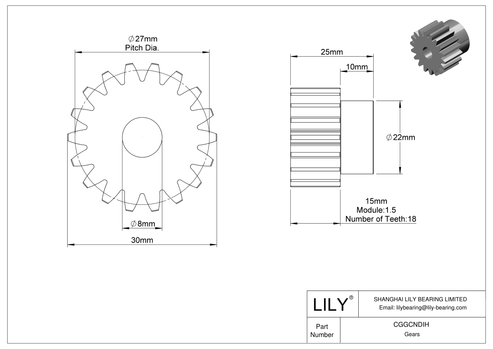 CGGCNDIH Plastic Metric Gears - 20° Pressure Angle cad drawing