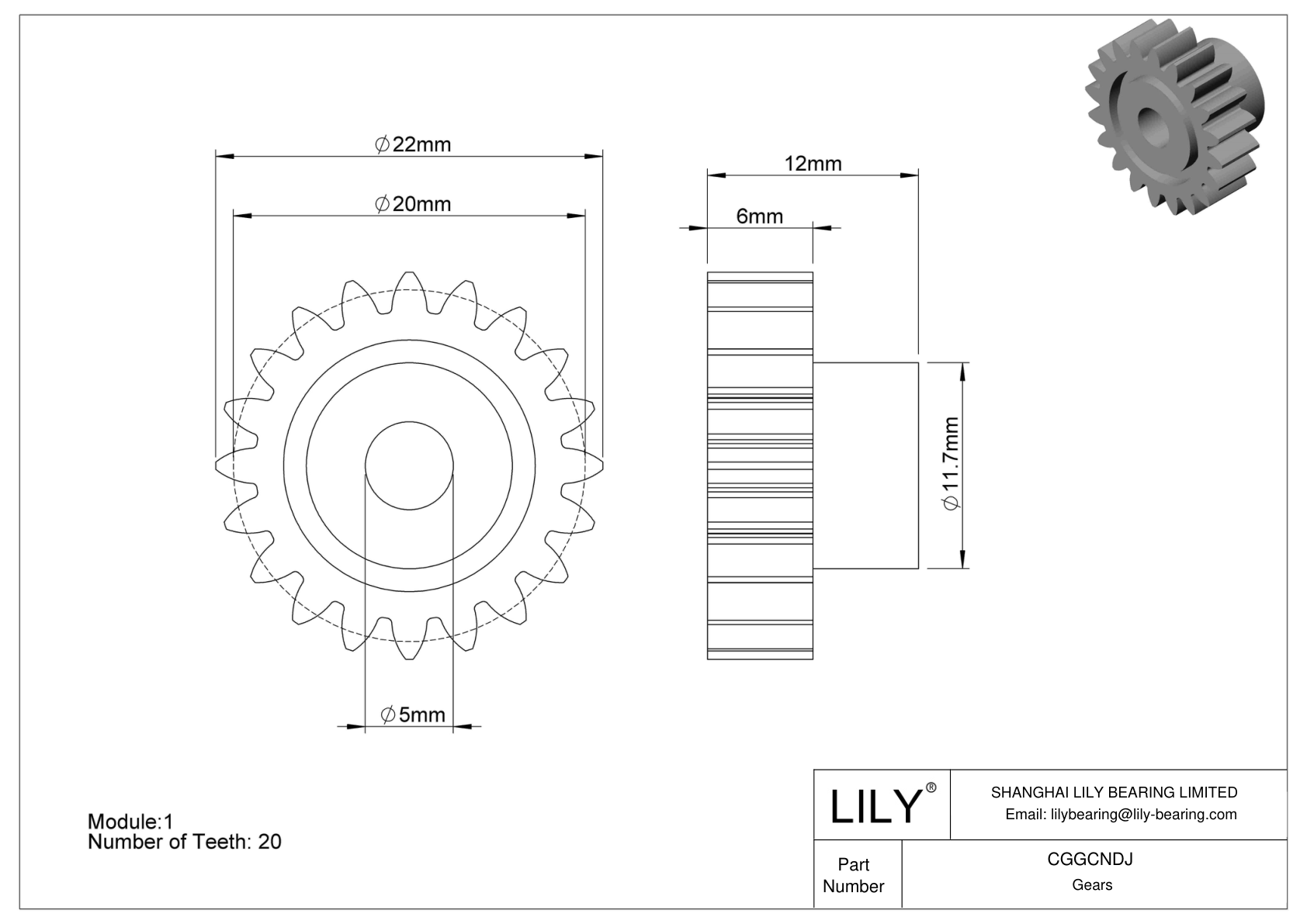 CGGCNDJ Plastic Metric Gears - 20° Pressure Angle cad drawing