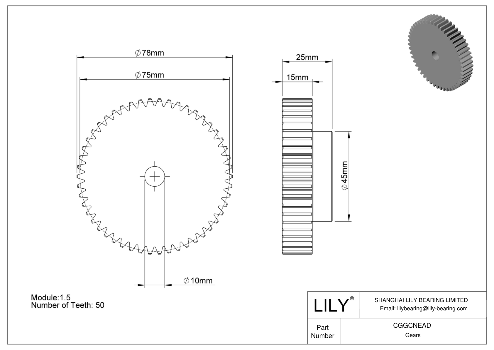 CGGCNEAD Engranajes métricos de plástico - Ángulo de presión de 20 cad drawing