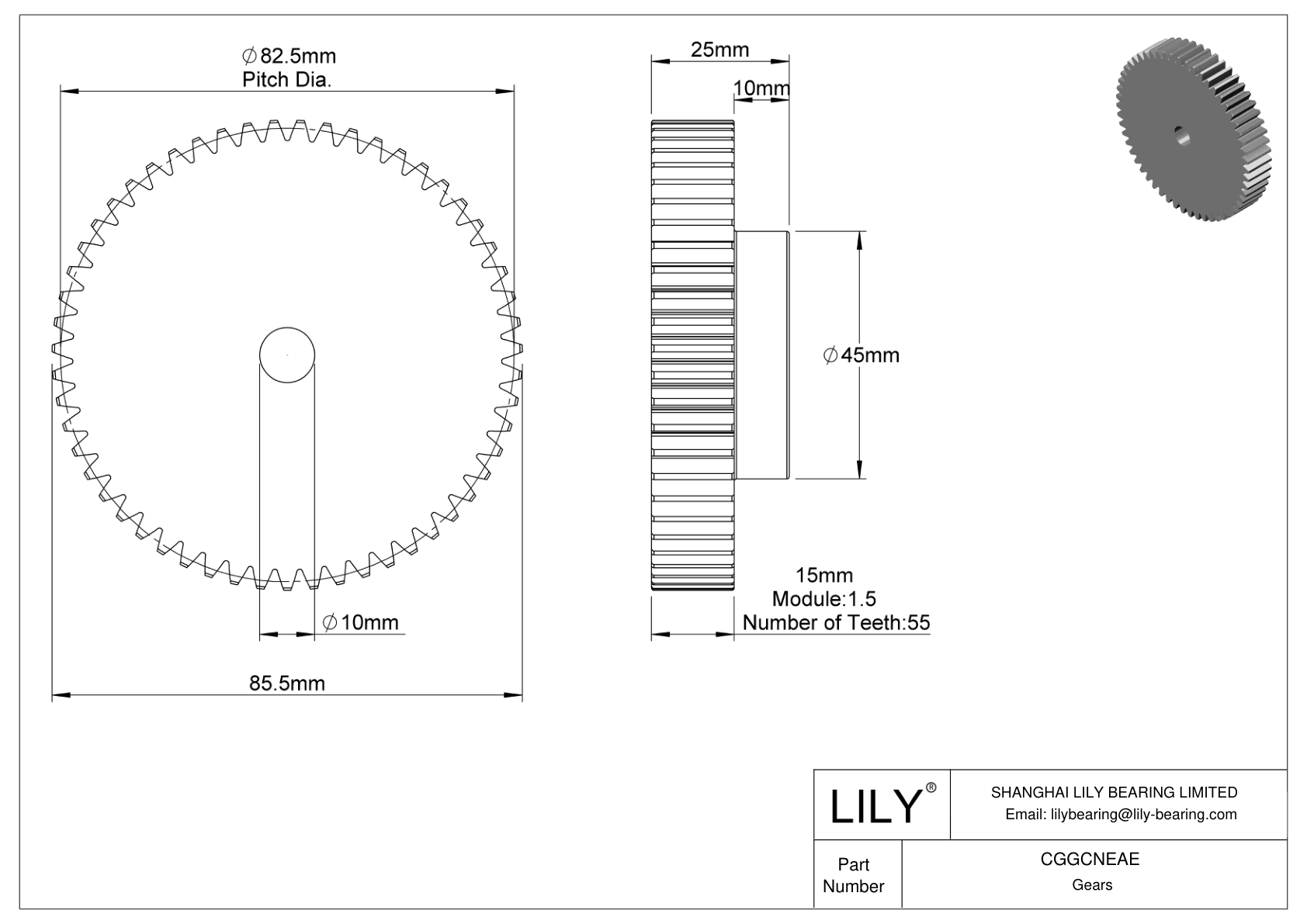 CGGCNEAE Plastic Metric Gears - 20° Pressure Angle cad drawing