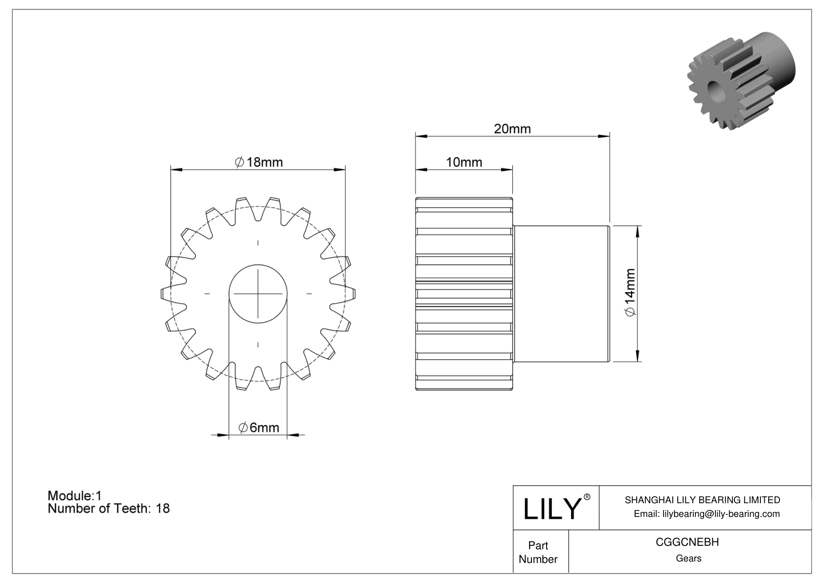 CGGCNEBH Plastic Metric Gears - 20° Pressure Angle cad drawing