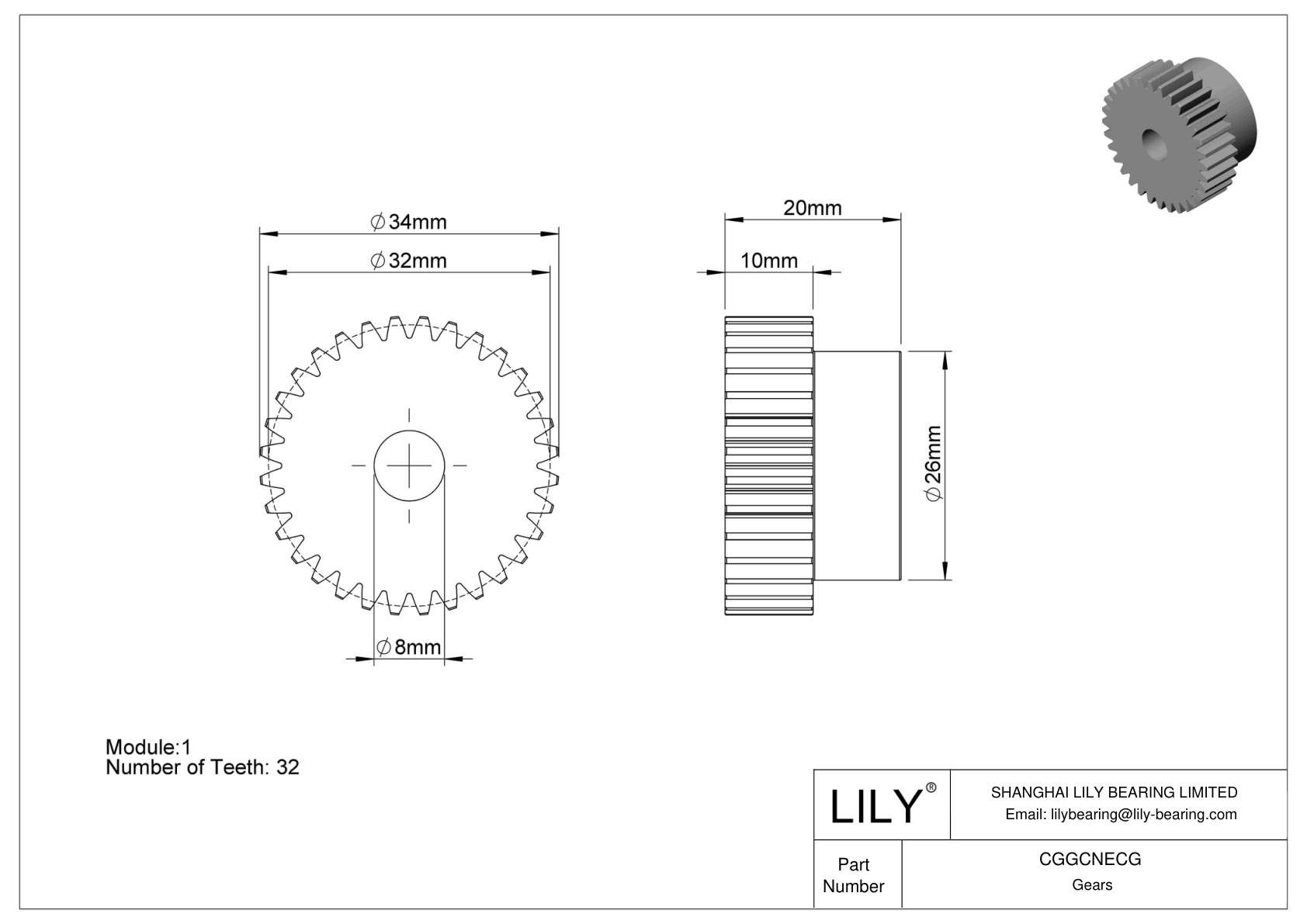 CGGCNECG Plastic Metric Gears - 20° Pressure Angle cad drawing