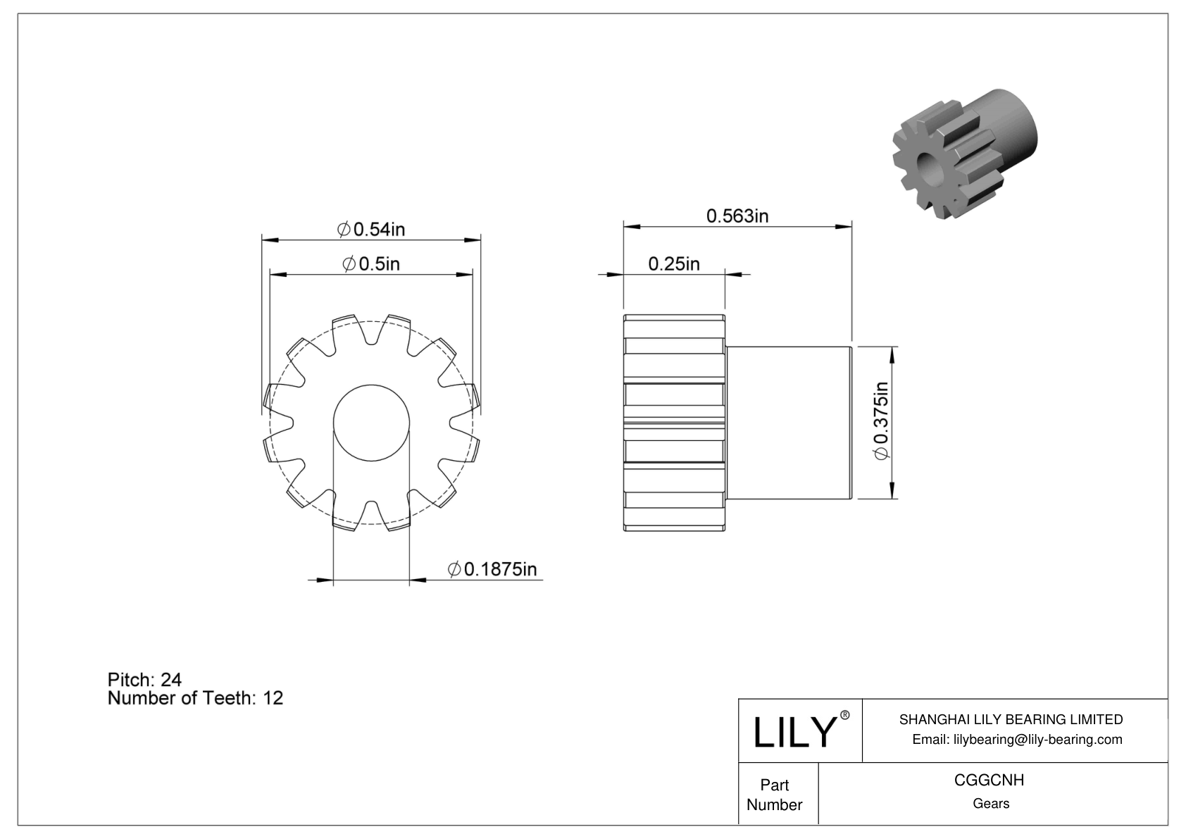 CGGCNH Plastic Inch Gears - 20° Pressure Angle cad drawing