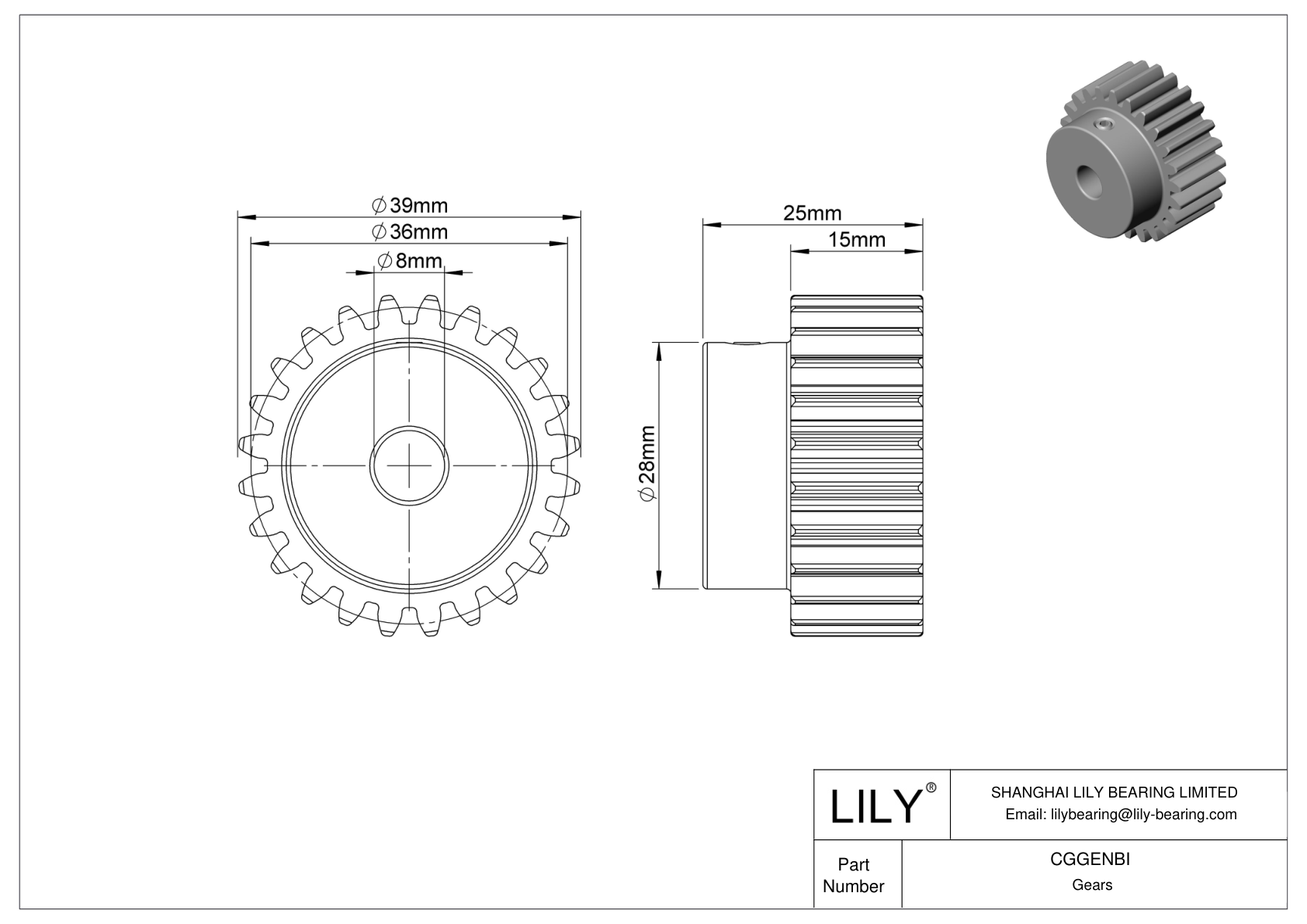 CGGENBI Metal Metric Gears - 20° Pressure Angle cad drawing