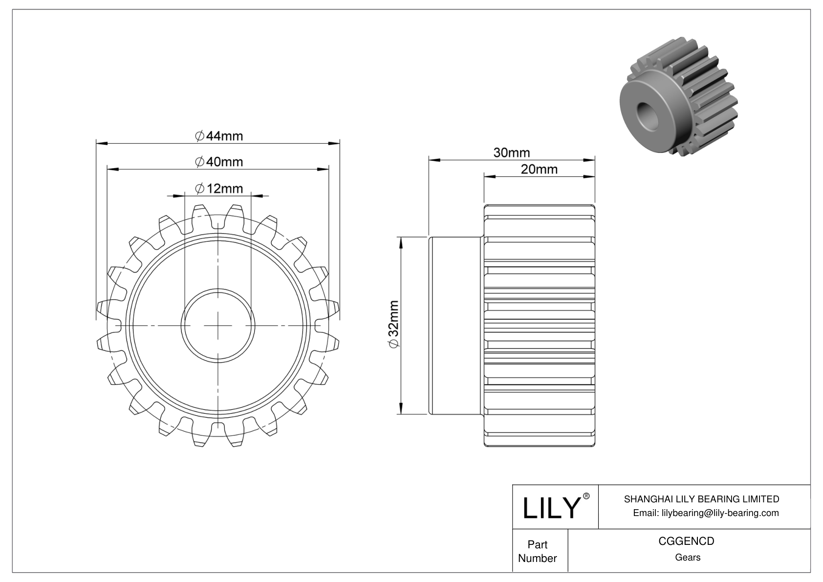 CGGENCD Metal Metric Gears - 20° Pressure Angle cad drawing