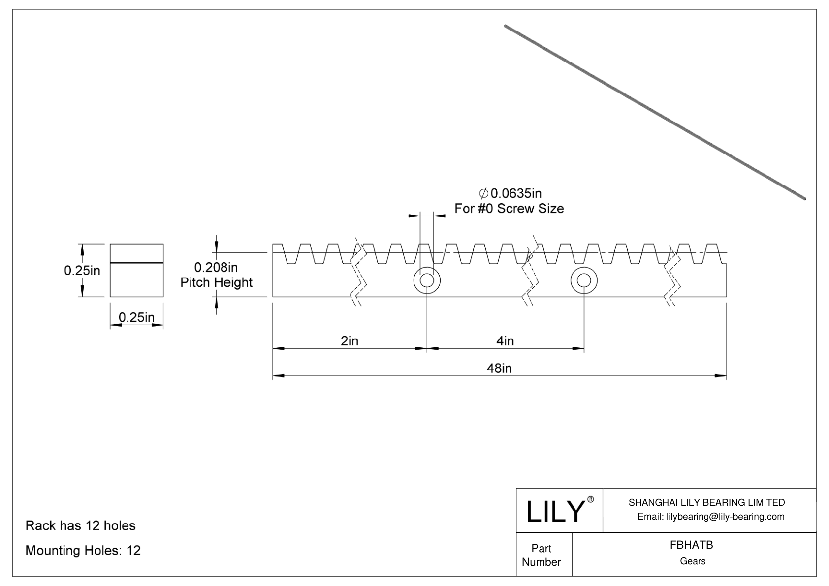 FBHATB Cremalleras metálicas con orificios de montaje - Ángulo de presión de 14 1/2 cad drawing