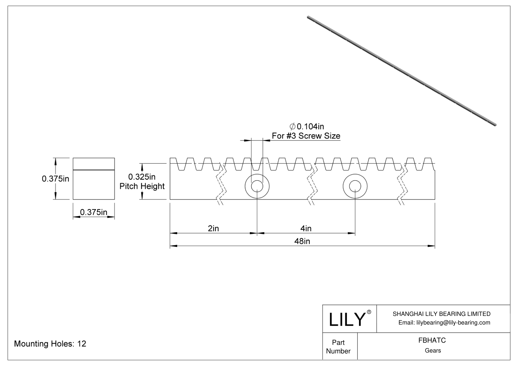 FBHATC Cremalleras metálicas con orificios de montaje - Ángulo de presión de 14 1/2 cad drawing