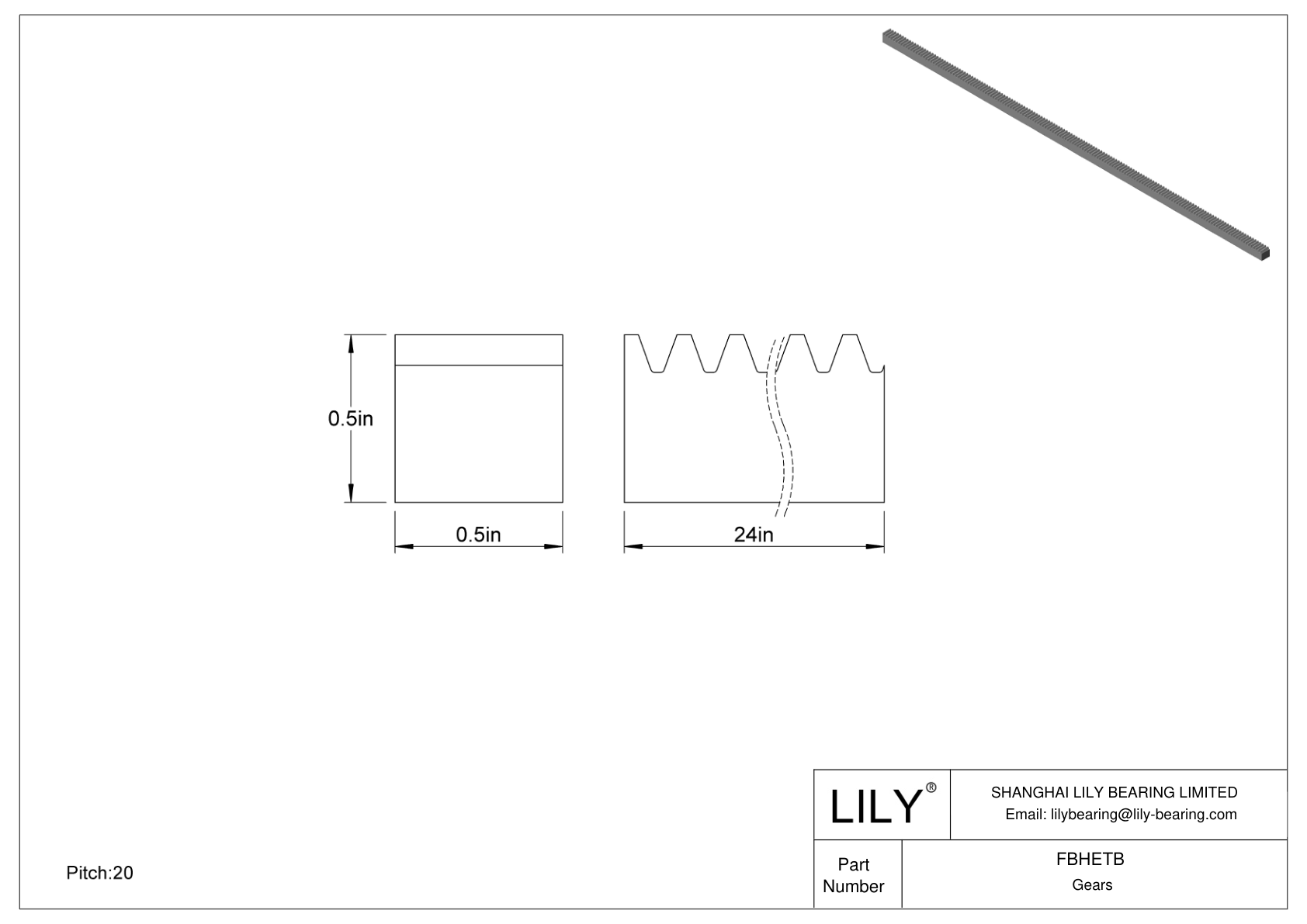 FBHETB Metal Inch Rectangular Gear Racks - 20° Pressure Angle cad drawing