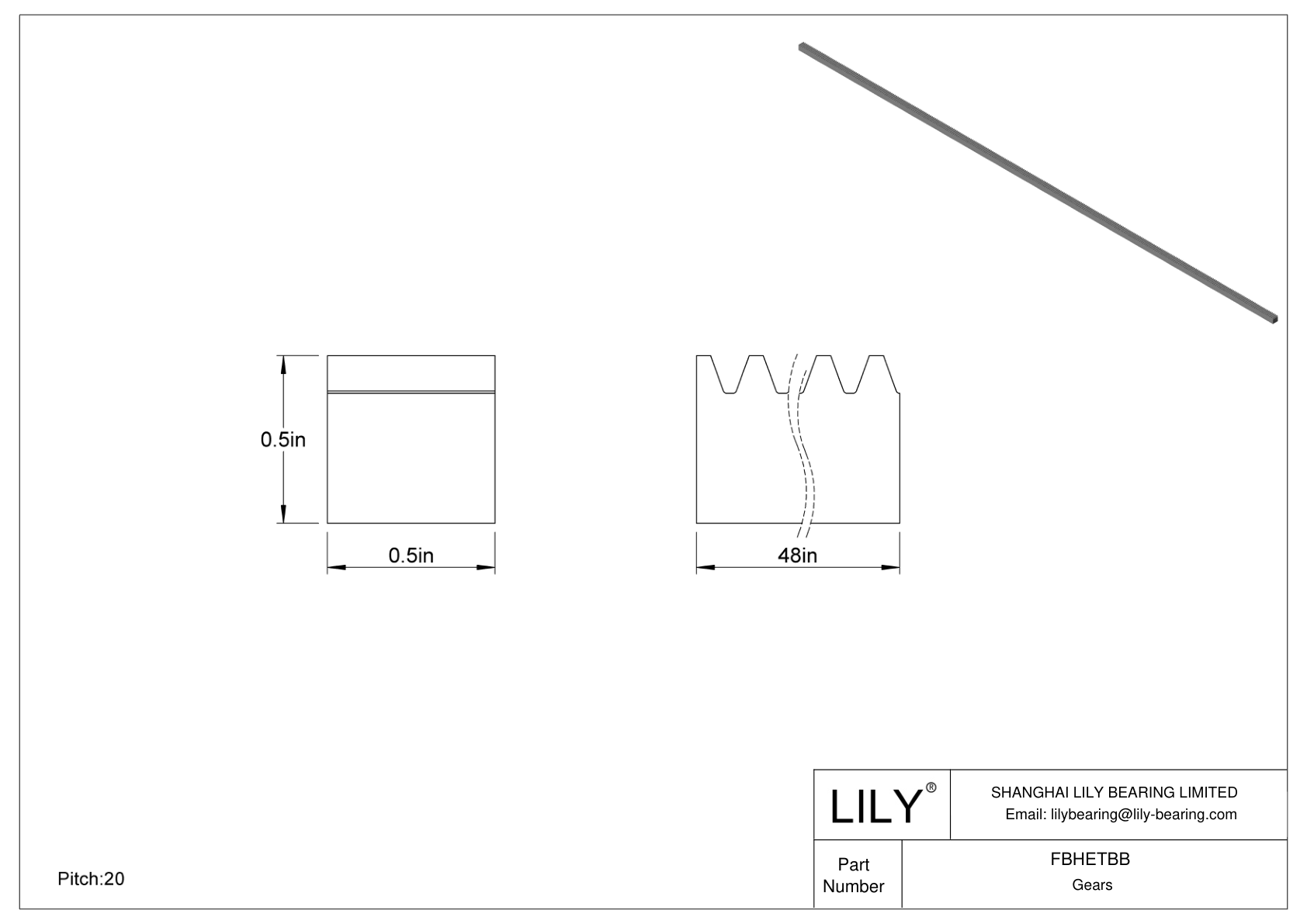 FBHETBB Metal Inch Rectangular Gear Racks - 20° Pressure Angle cad drawing