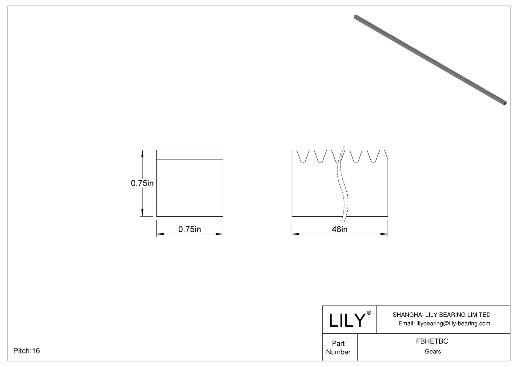 FBHETBC Metal Inch Rectangular Gear Racks - 20° Pressure Angle cad drawing