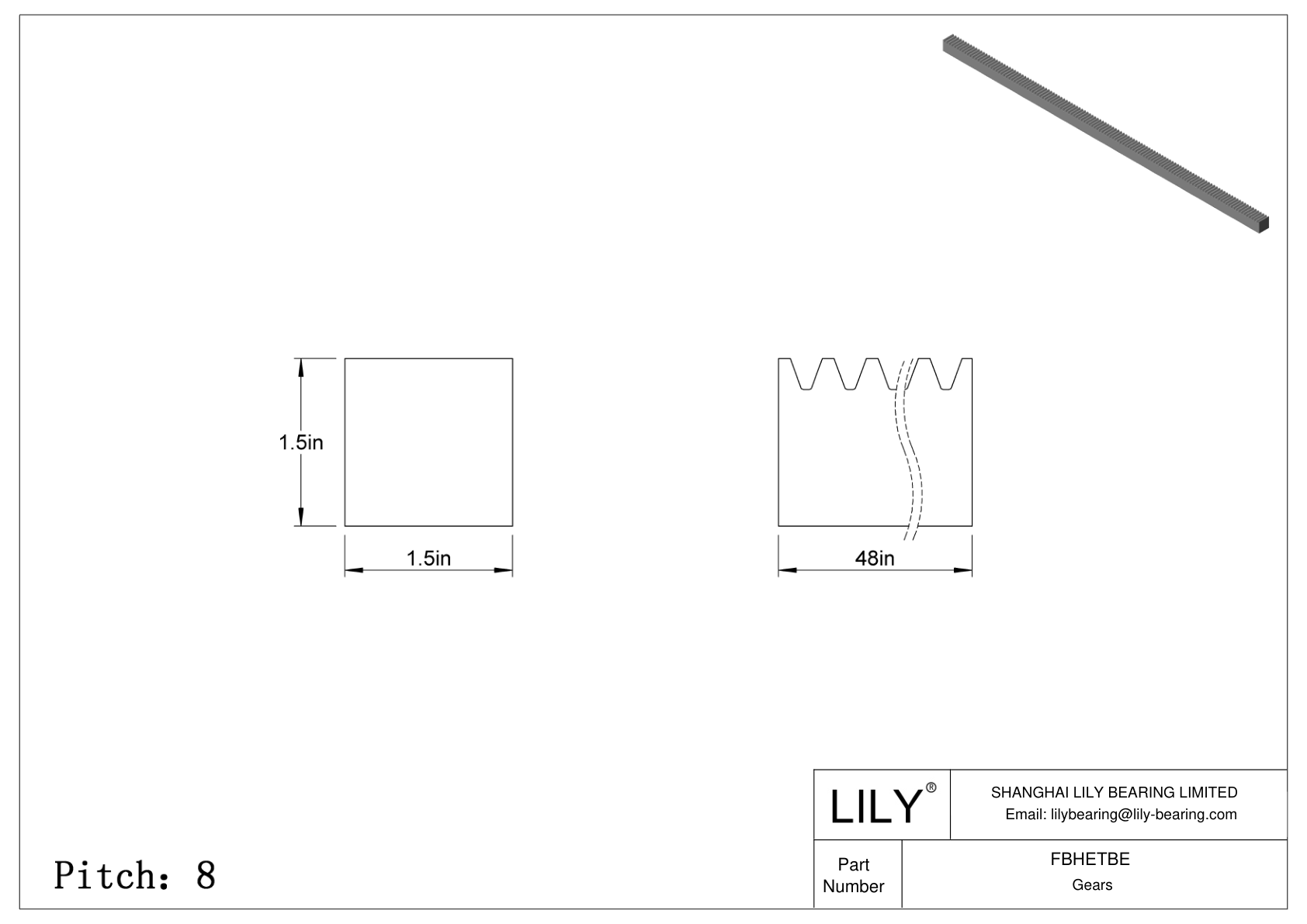 FBHETBE 金属英制矩形齿轮齿条 - 20° 压力角 cad drawing