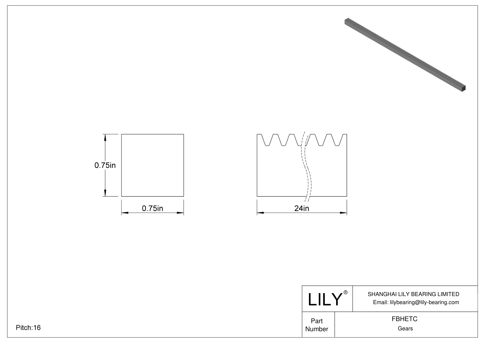 FBHETC Metal Inch Rectangular Gear Racks - 20° Pressure Angle cad drawing