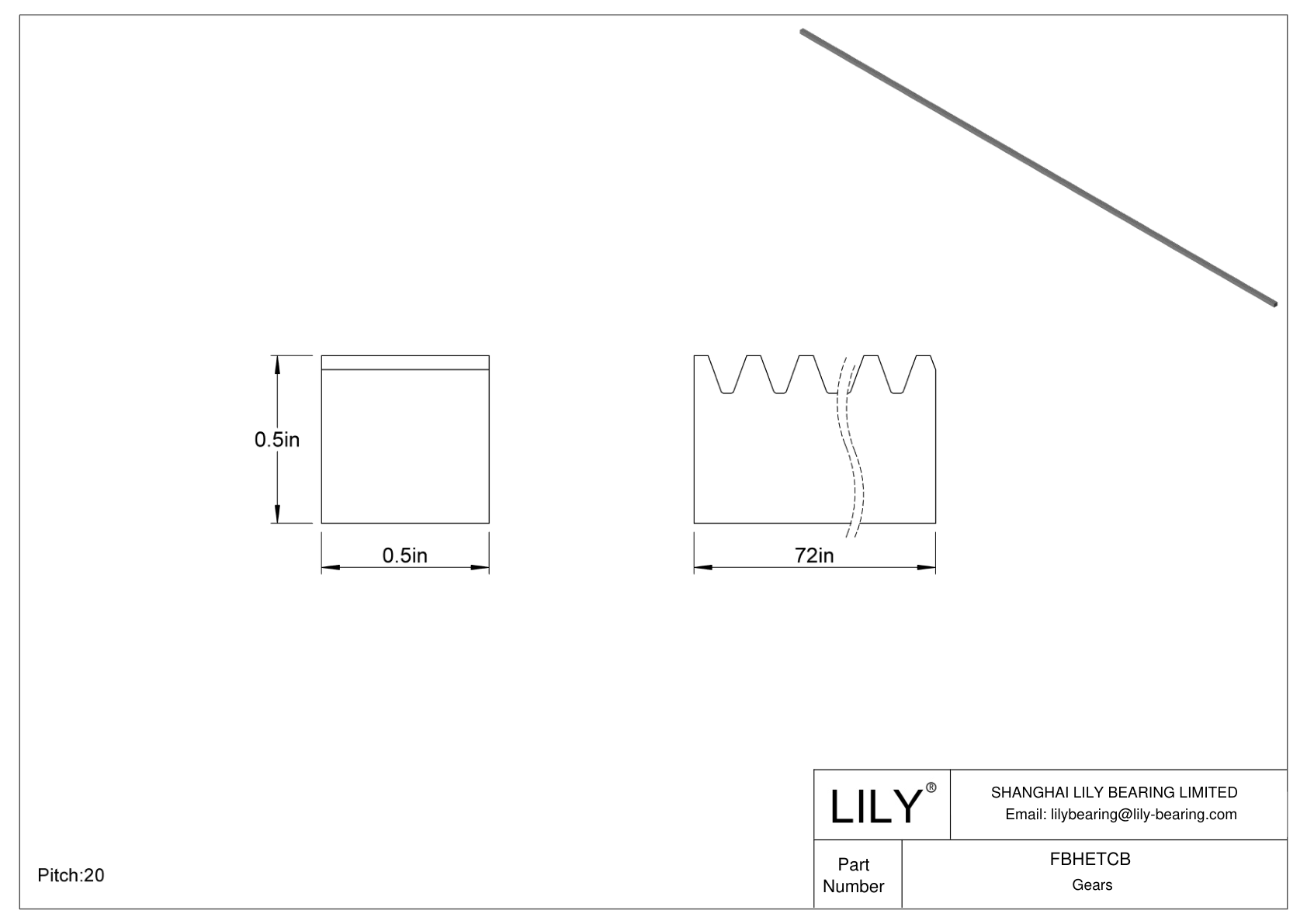 FBHETCB Metal Inch Rectangular Gear Racks - 20° Pressure Angle cad drawing