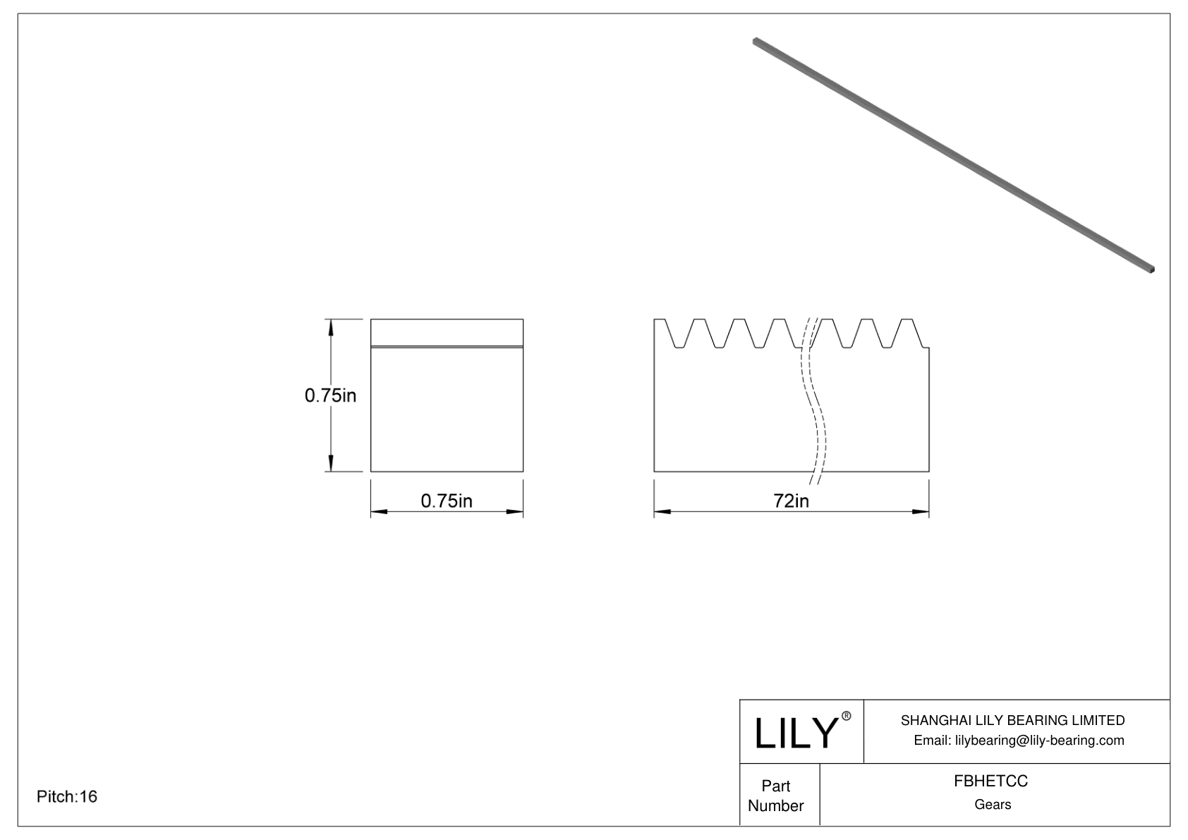 FBHETCC Metal Inch Rectangular Gear Racks - 20° Pressure Angle cad drawing