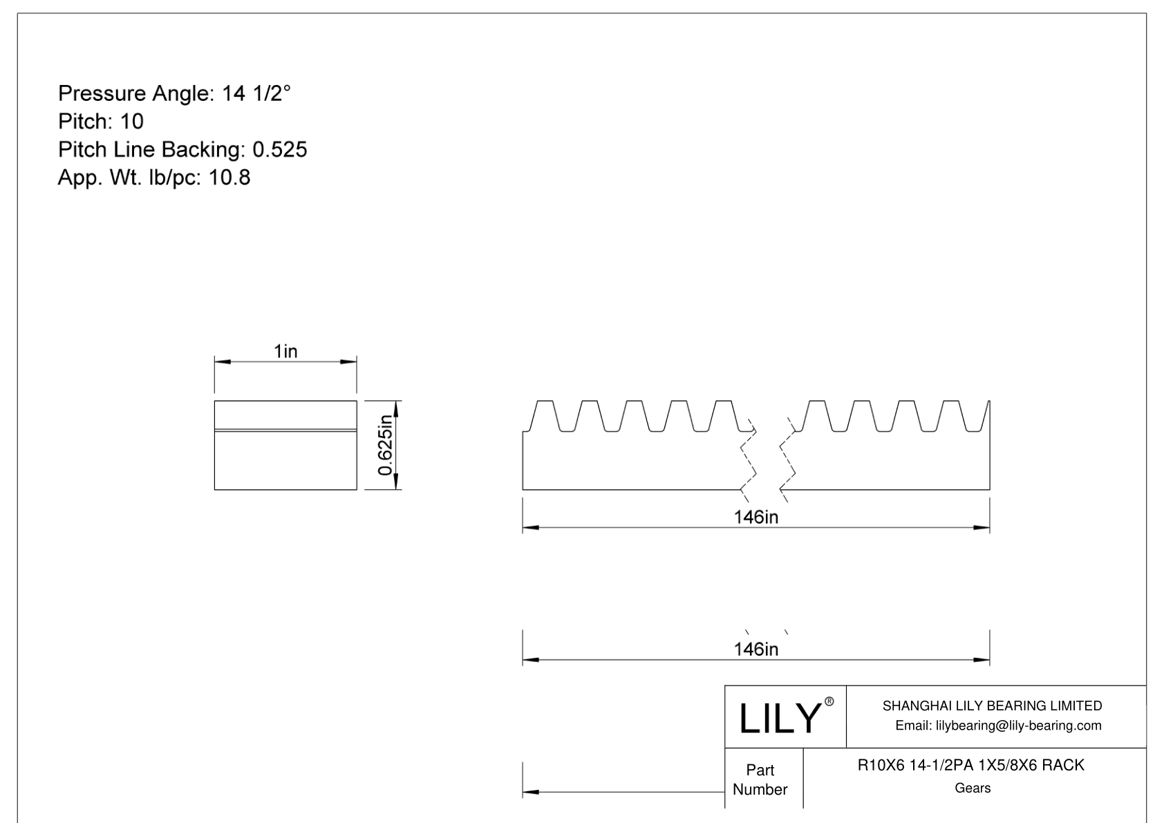 R10X6 14-1/2PA 1X5/8X6 RACK 齿轮架 cad drawing